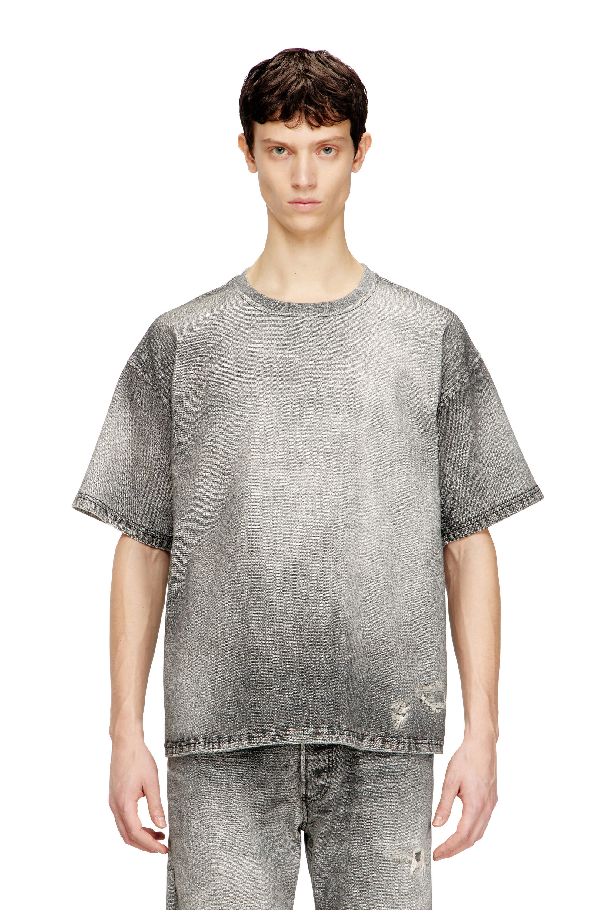 Diesel - D-BOX JOGG, Man's Denim T-shirt with trompe l'oeil treated effect in Grey - 3