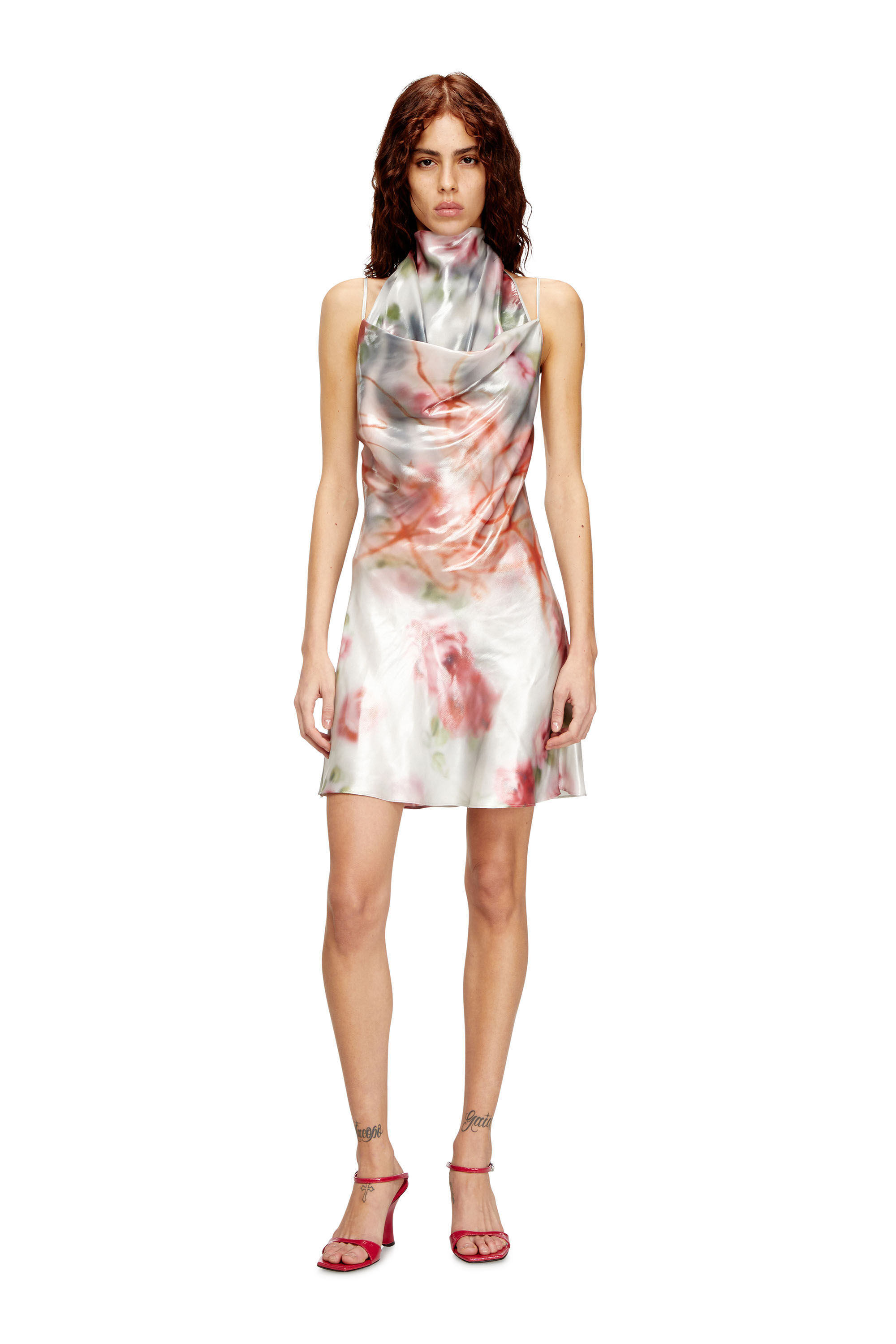 Diesel - D-EBRA-SHORT, Woman's Metallic short dress with blurred rose print in Multicolor - 2