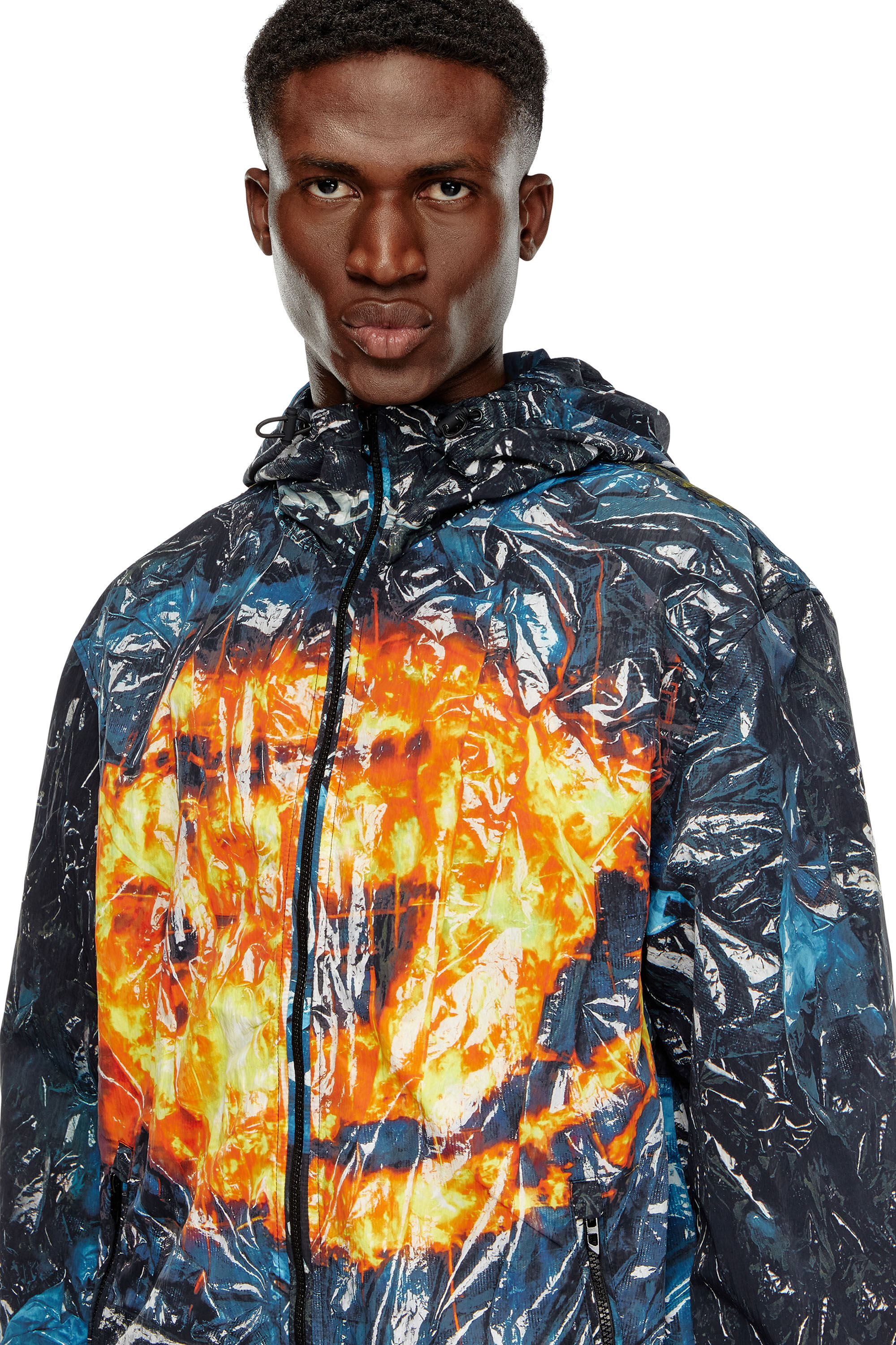 Diesel - J-WARRETT-POSTER, Man's Hooded windbreaker with poster print in Blue/Black - 5