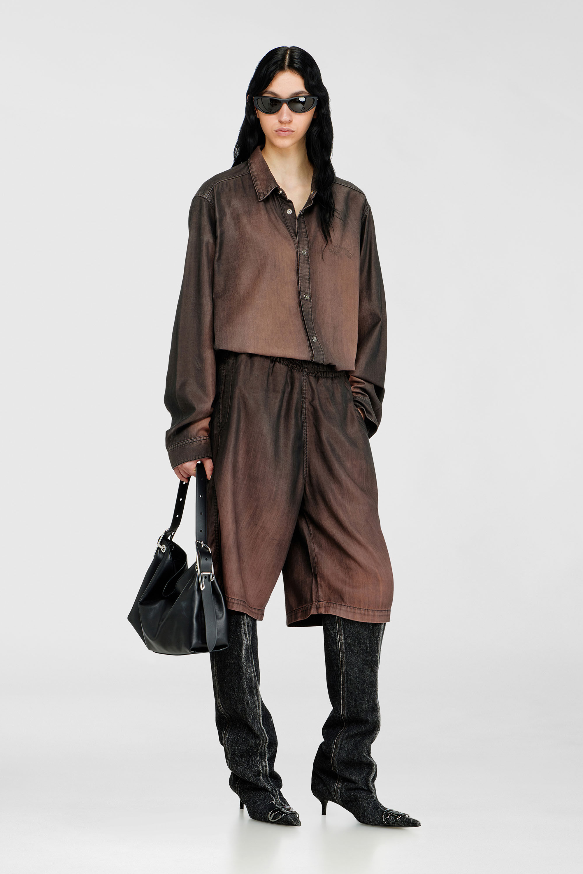 Diesel - D-RODER-SHORT-S, Unisex's Relaxed bermuda shorts in fluid coated denim in Brown - 6