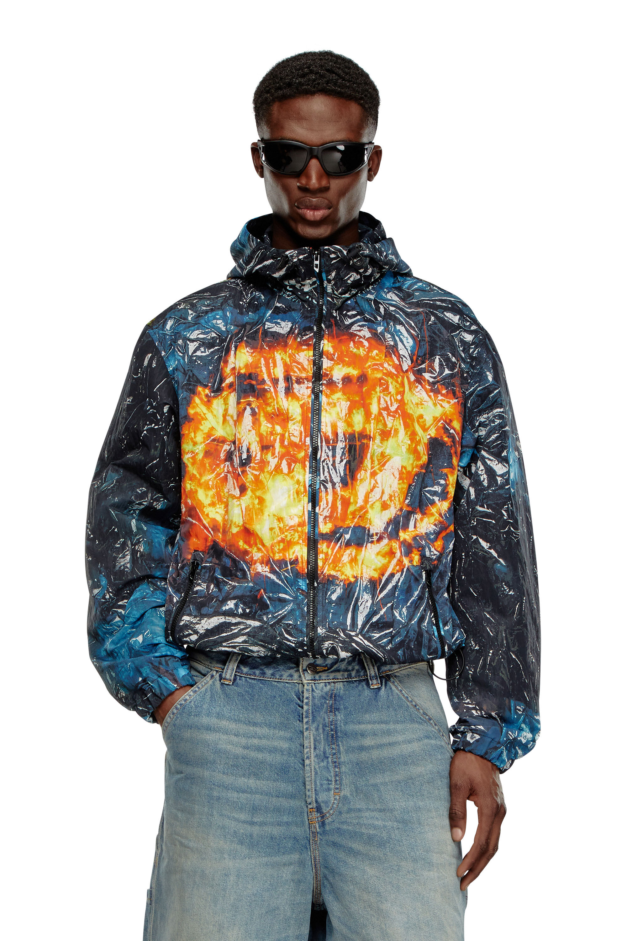 Diesel - J-WARRETT-POSTER, Man's Hooded windbreaker with poster print in Blue/Black - 3