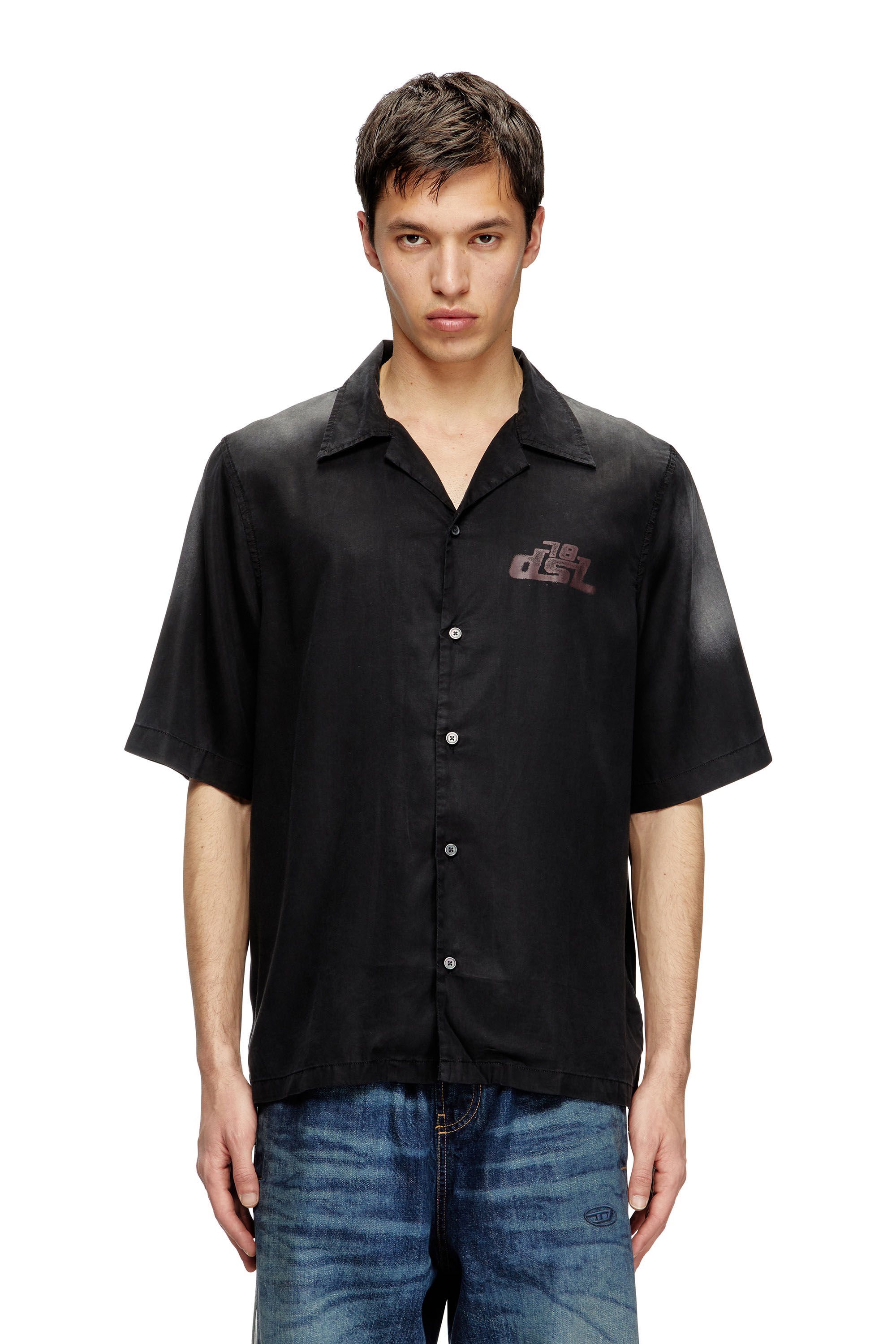 Diesel - S-ELLY, Man's Faded bowling shirt with logo prints in Black - 2