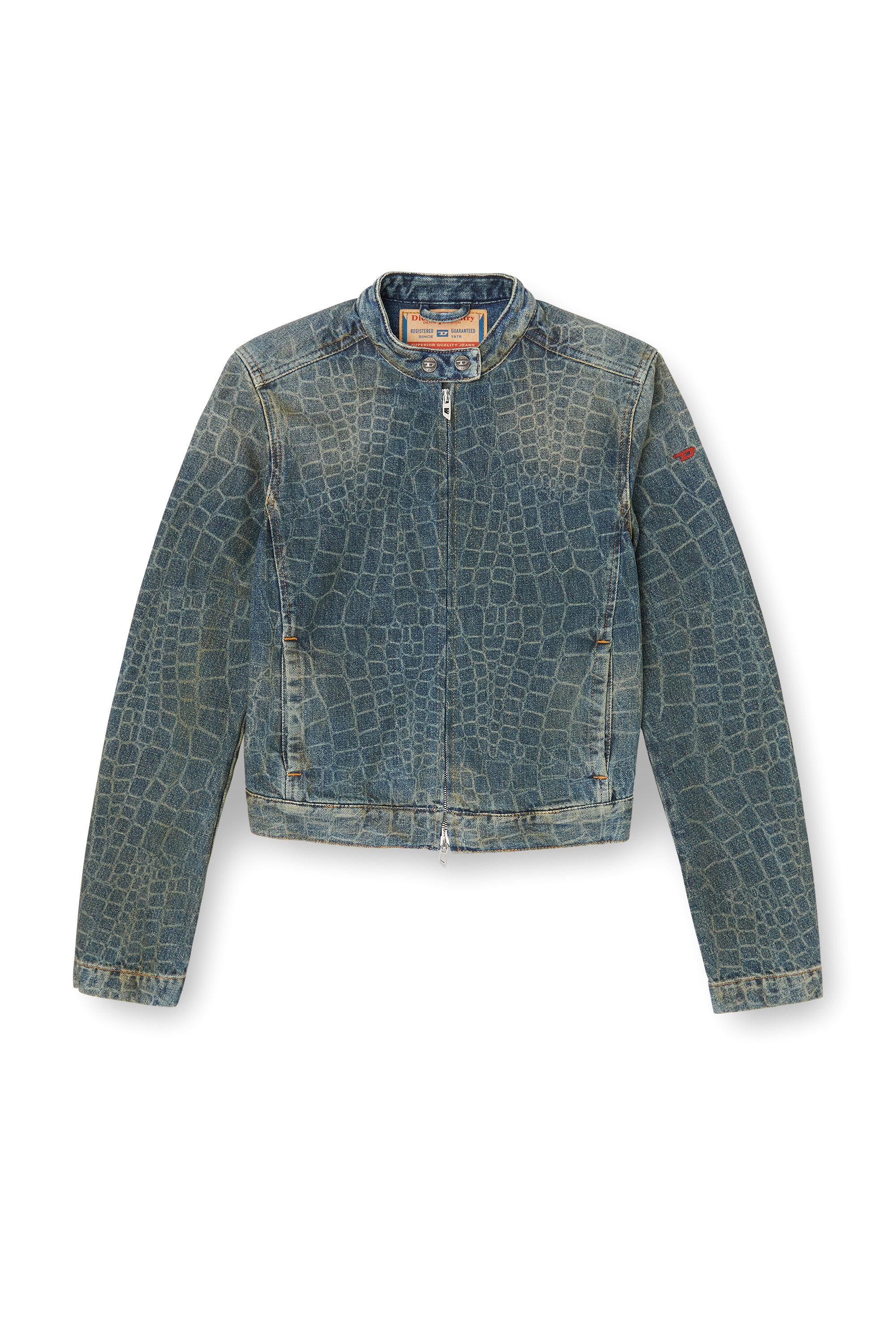 Diesel - CL-DE-MORNIN-SNAKE, Woman's Moto jacket in snake-print denim in Dark Blue - 2
