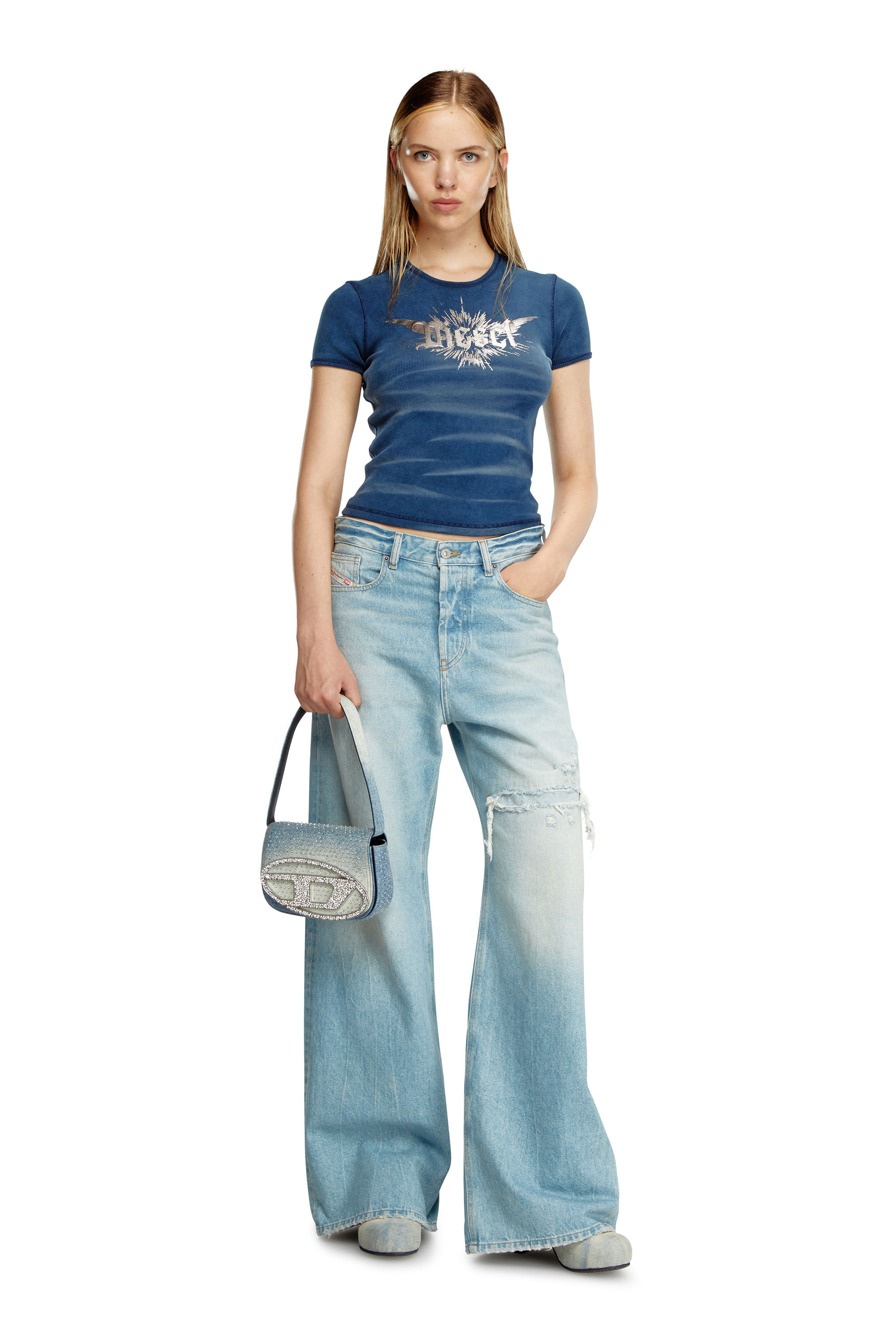 Women's 1DR - Iconic shoulder bag in denim and crystals