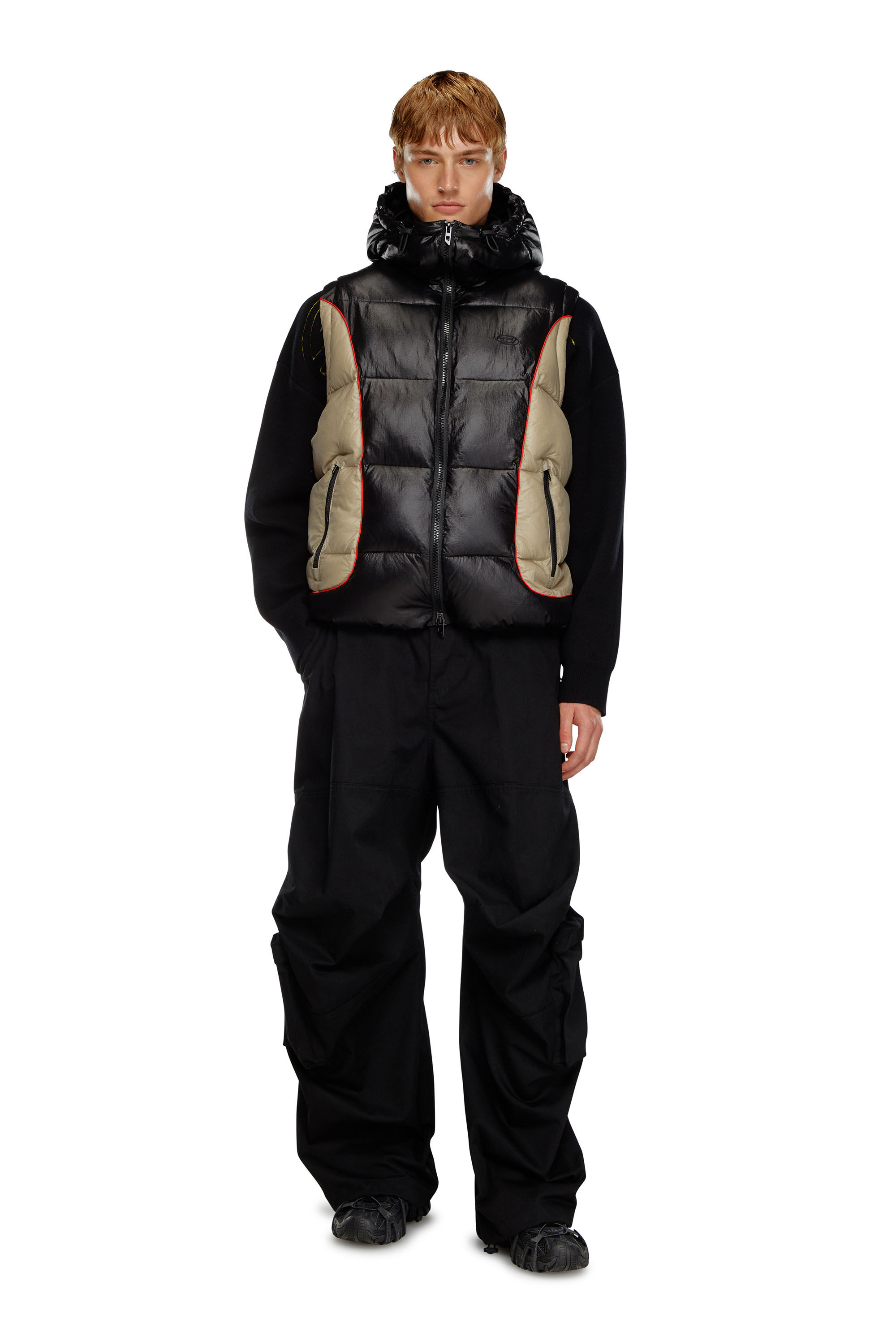 Diesel - W-OSTEND-SL, Man's Hooded puffer vest in shiny ripstop in Black/Beige - 1