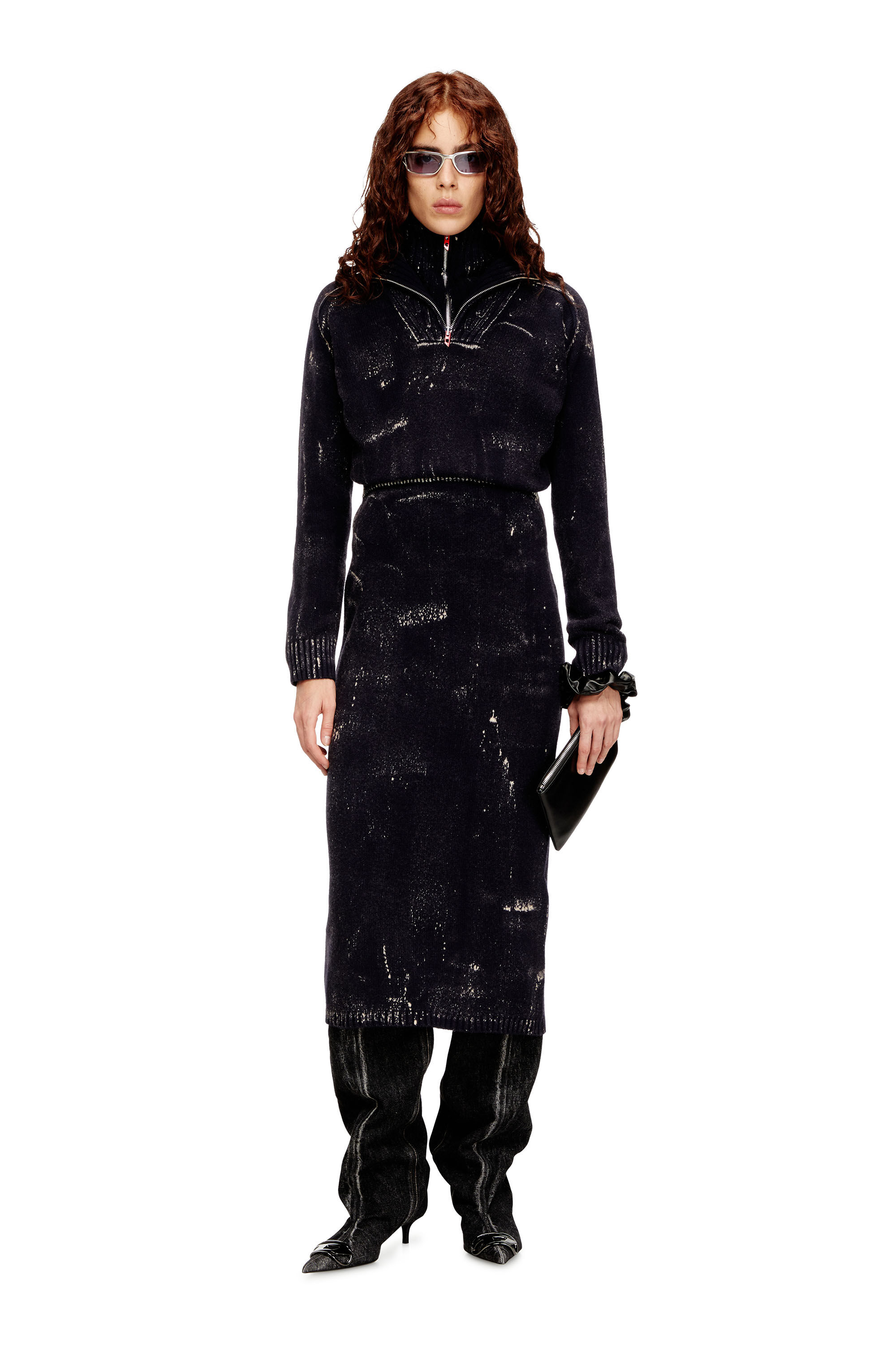 Diesel - M-MARCELLE, Woman's Midi dress in treated wool-blend knit in Black - 1