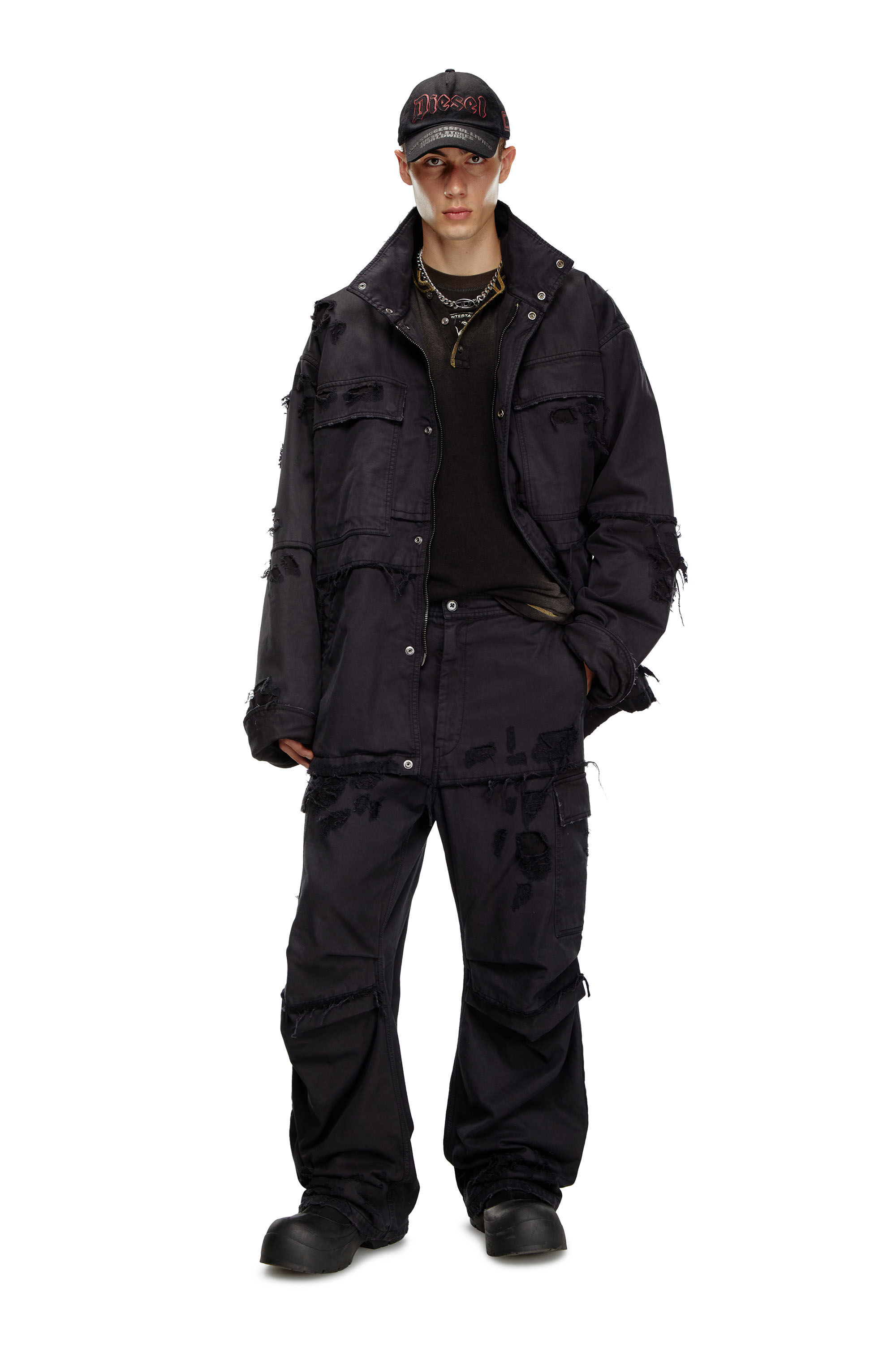 Diesel - P-OISE, Man's Cargo pants in cotton dobby in Black - 1