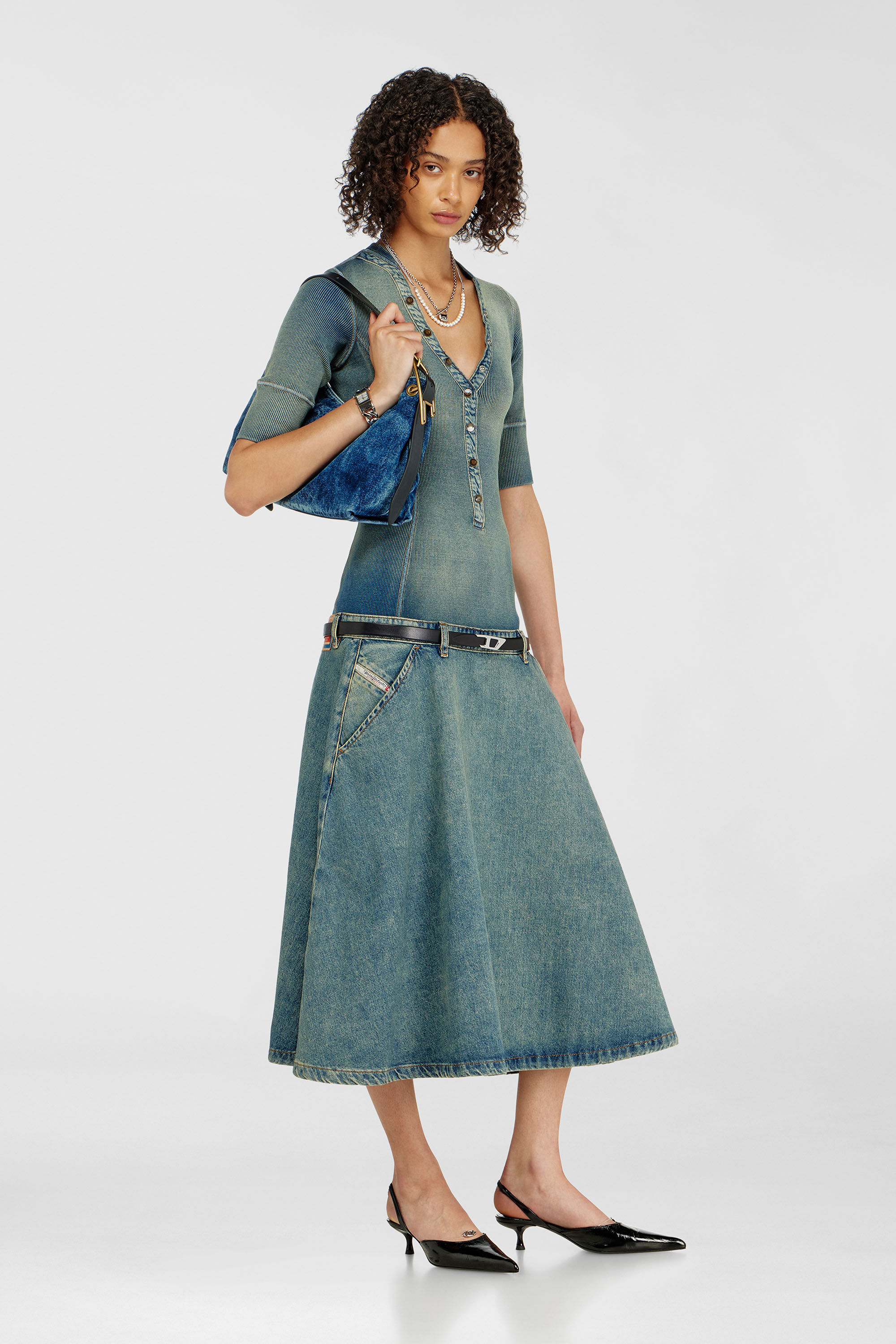 Diesel - DE-ANIM-S, Woman's Drop-waist midi dress in knit and denim in Medium blue - 1