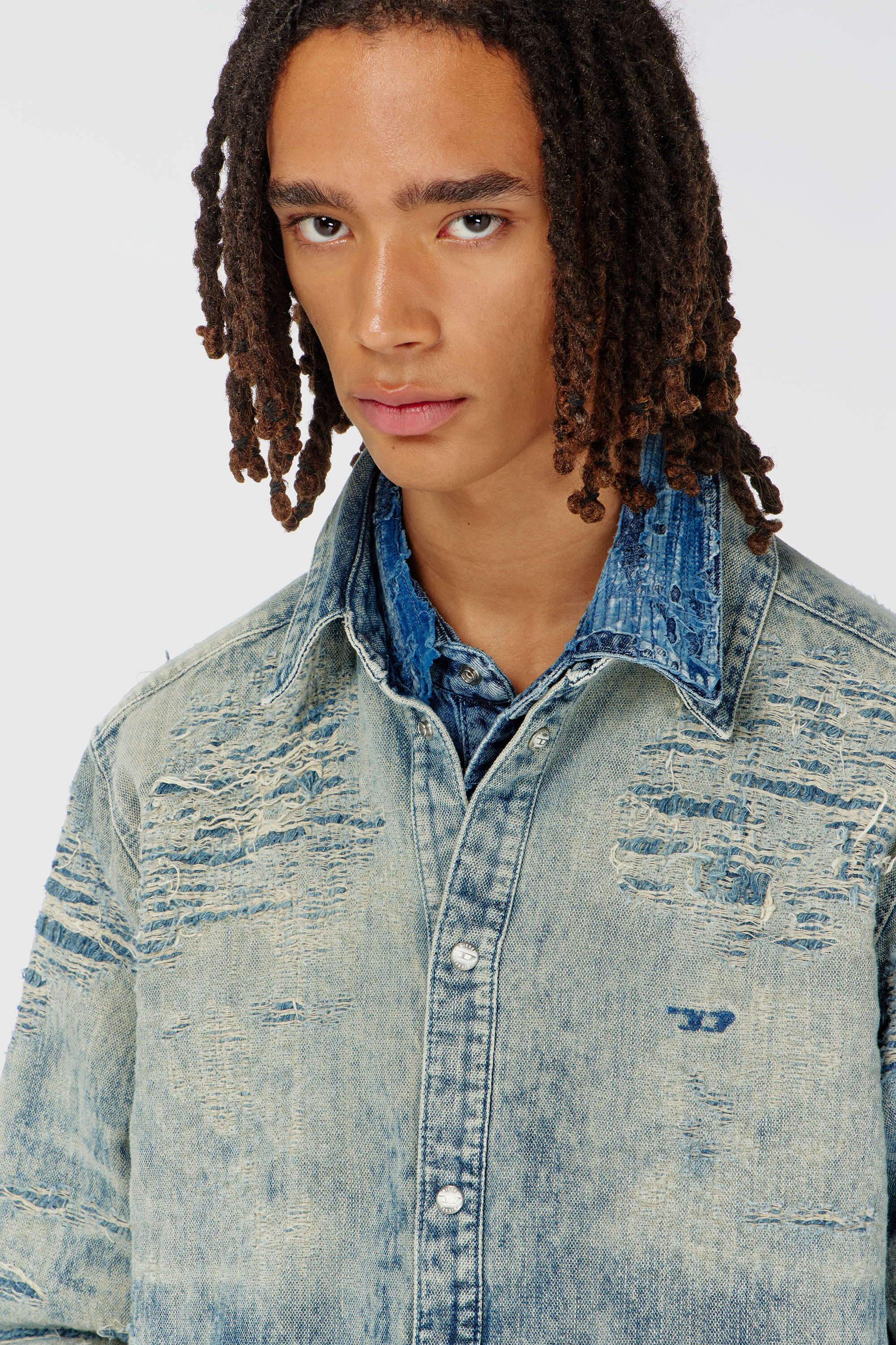 Diesel - D-SIMPLY, Man's Shirt in distressed-effect jacquard denim in Light Blue - 5