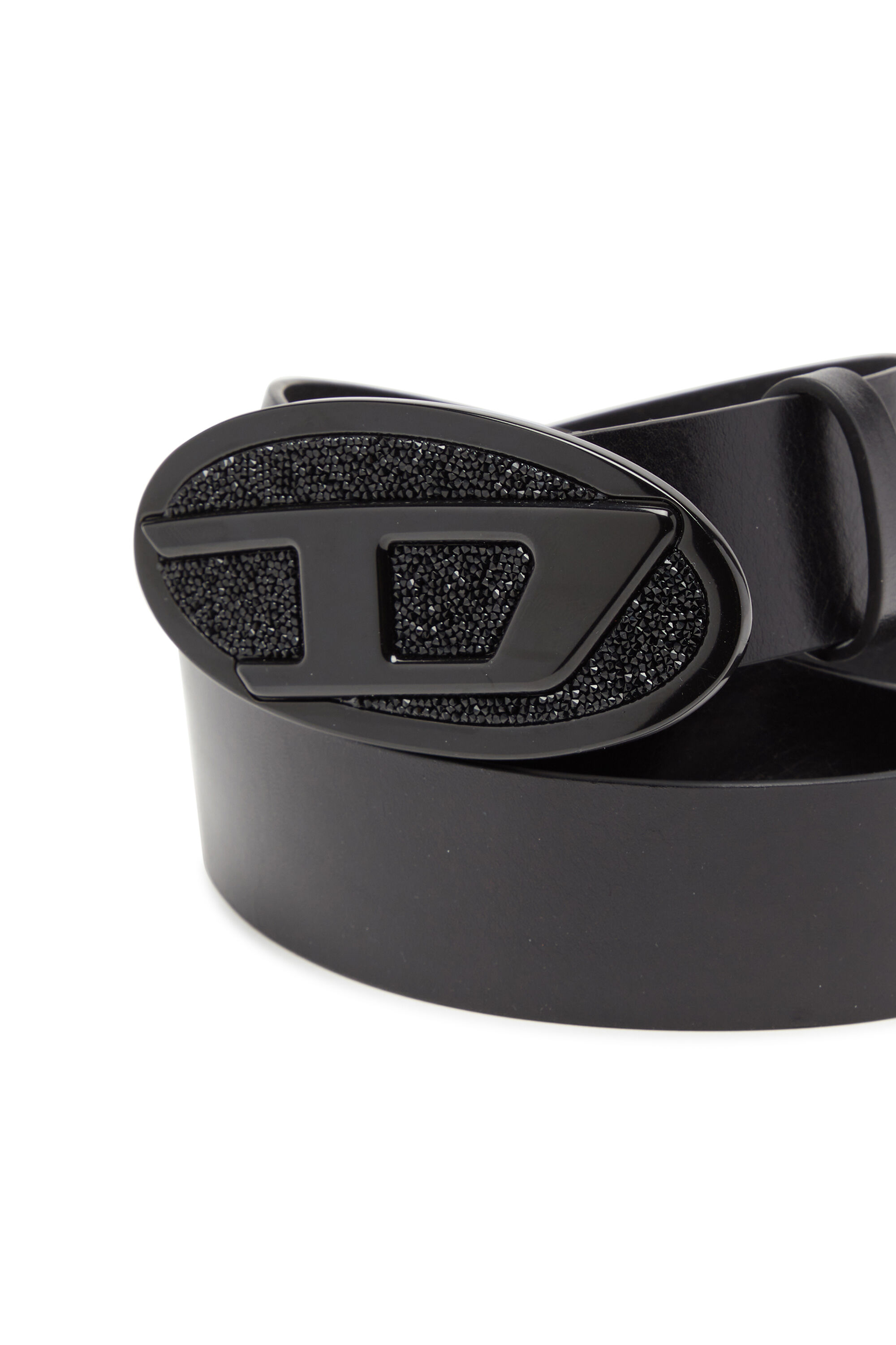 Diesel - B-1DR 2.0 FULL ROCKS, Woman's 4cm leather belt with rhinestone Oval D buckle in Black - 3
