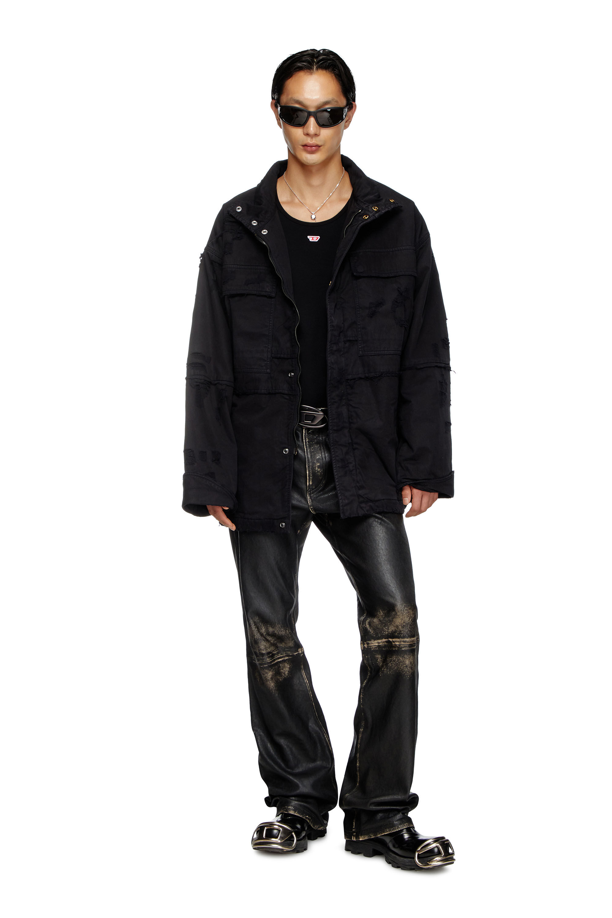 Diesel - J-OISE, Man's Utility jacket in ripped dobby in Black - 1