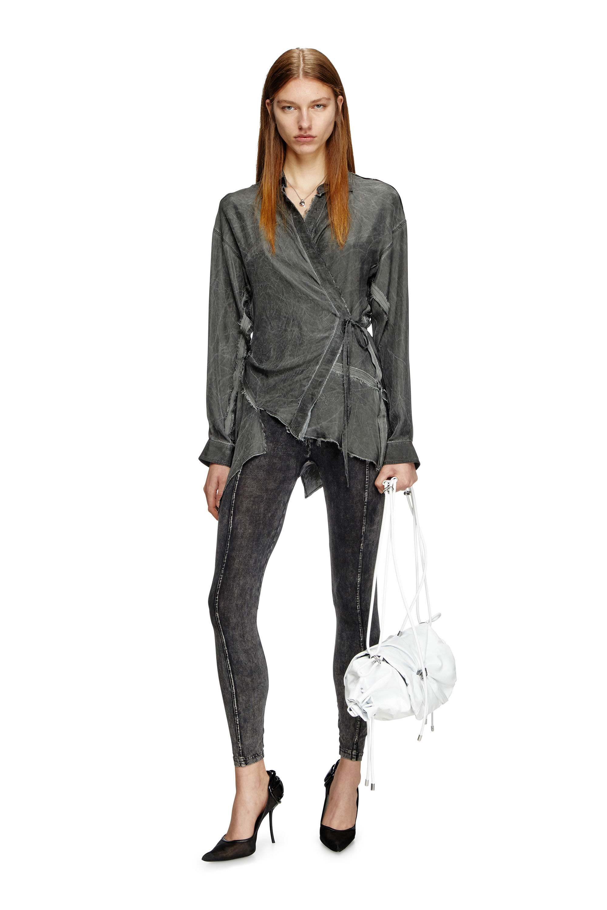 Diesel - C-RAZY-Q1, Woman's Asymmetric wrap shirt in wrinkled twill in Black - 1