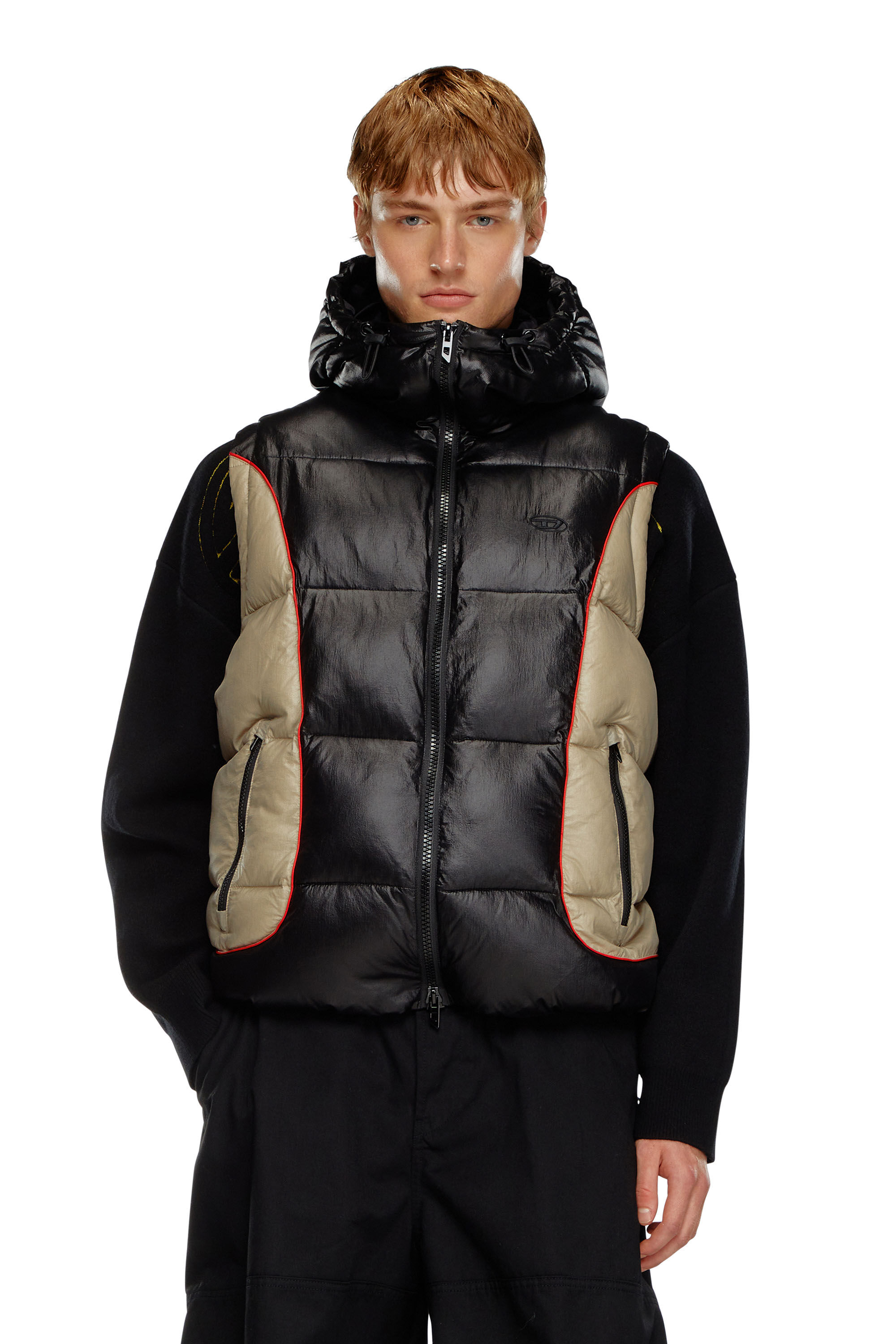 Diesel - W-OSTEND-SL, Man's Hooded puffer vest in shiny ripstop in Black/Beige - 3