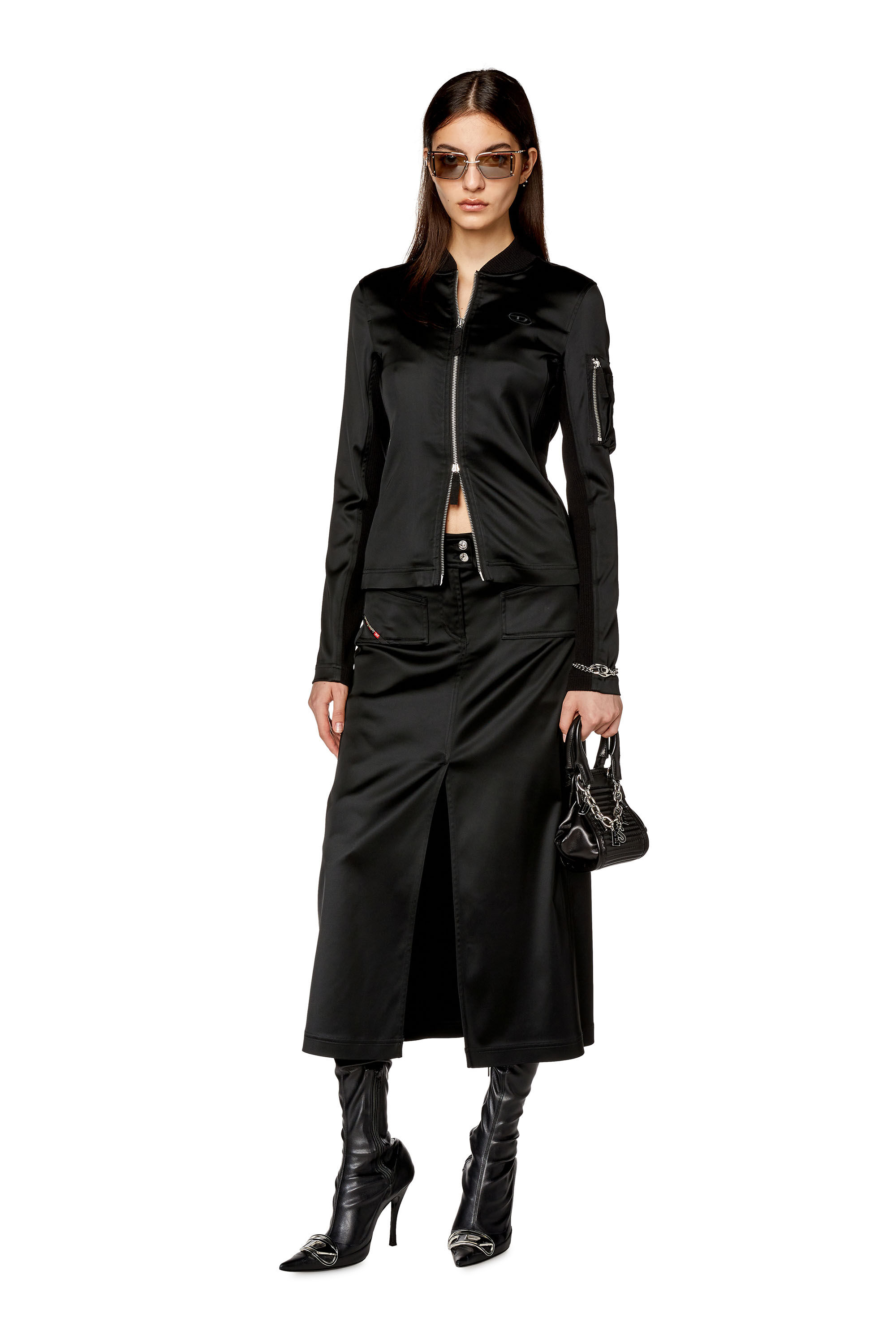 Diesel - T-OPUN, Woman's Track jacket in shiny stretch satin in Black - 1