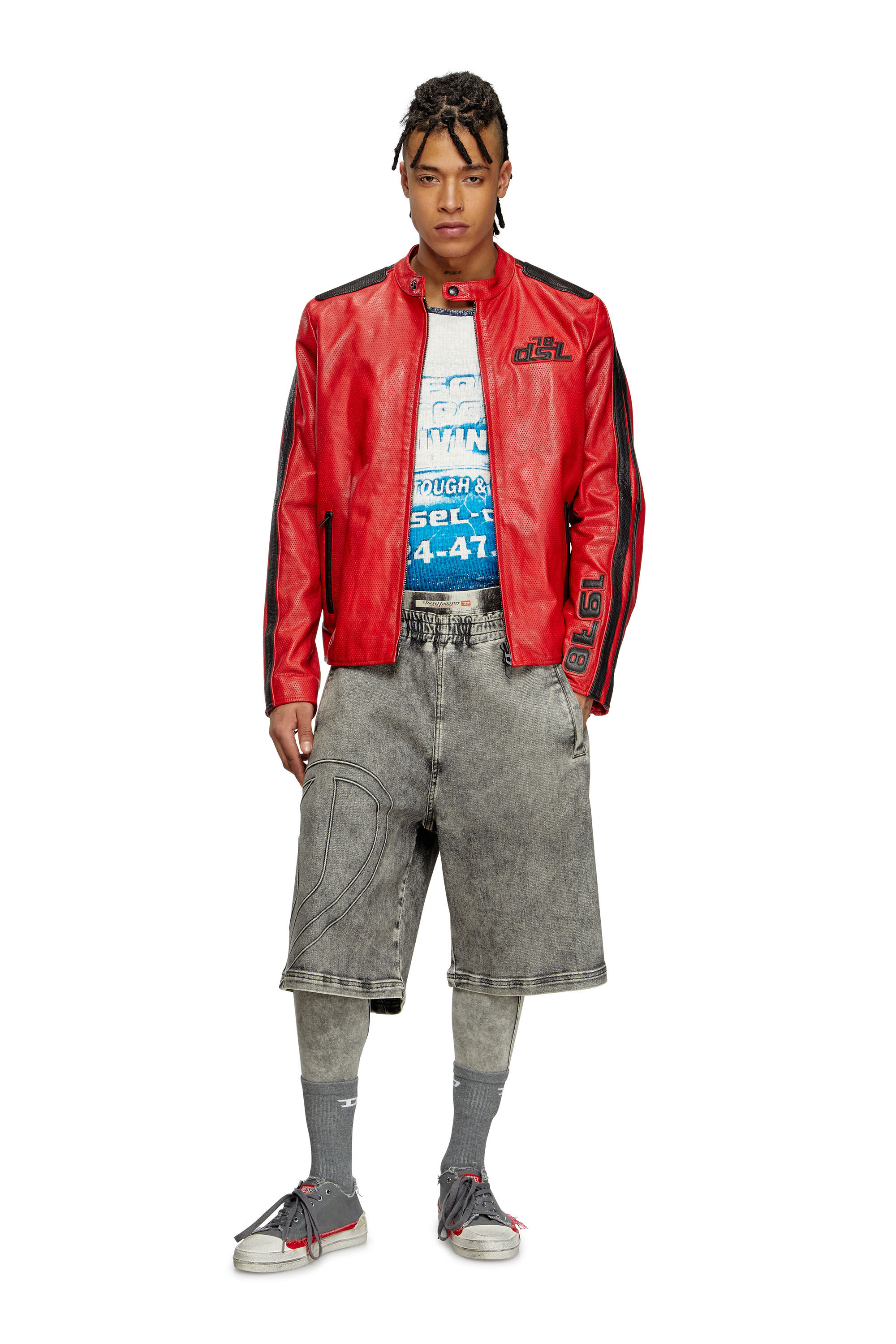 Diesel - L-POP, Unisex's Biker jacket in perforated leather in Red - 1