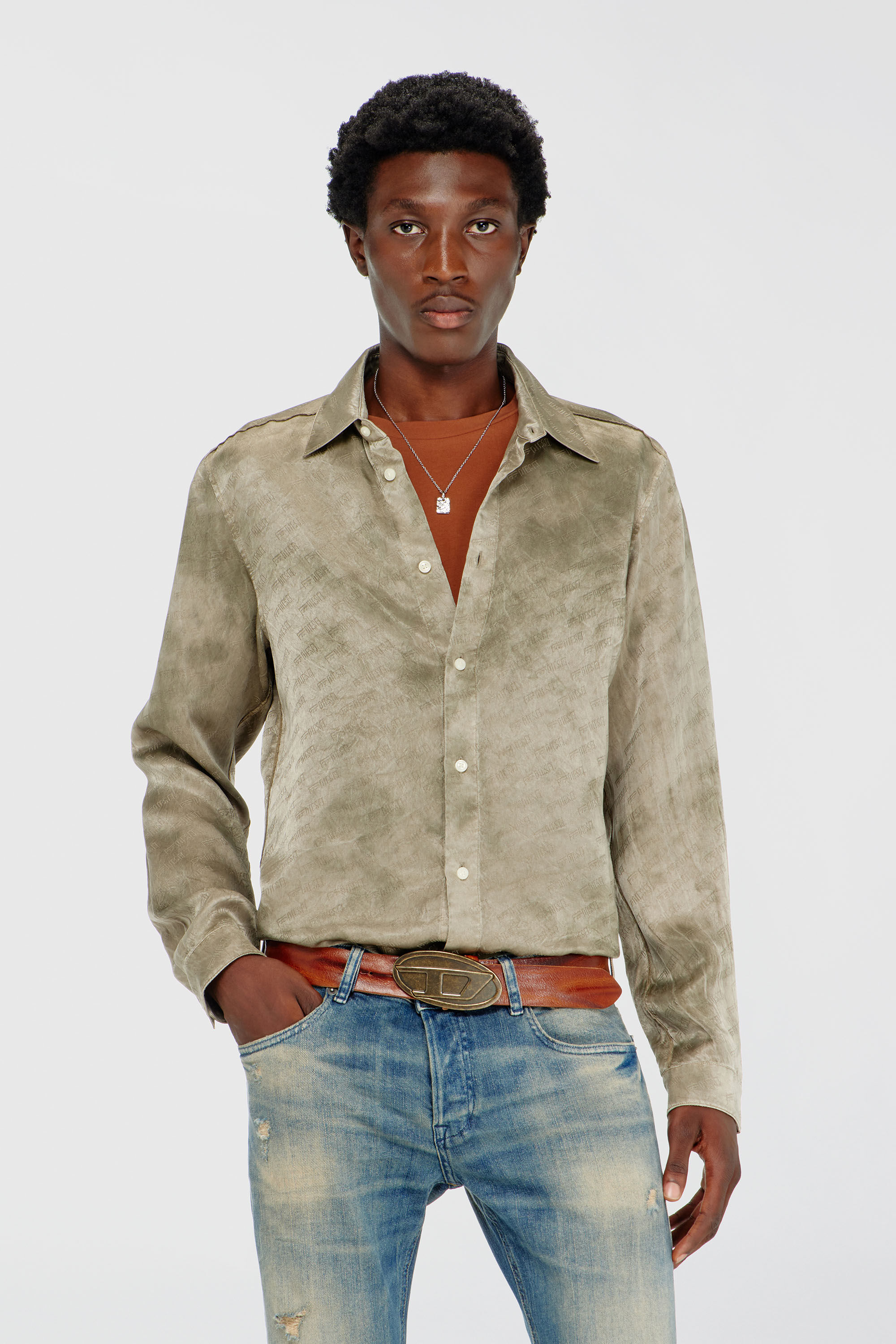 Diesel - S-KISSY-HNBW, Man's Shirt in logo-jacquard crinkled satin in Light Brown - 3