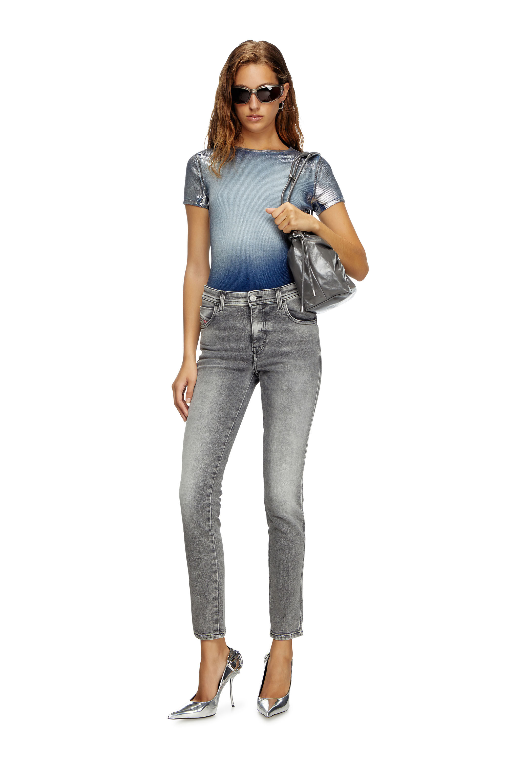 Diesel - T-ELE-LONG-Q1, Woman's Faded metallic T-shirt in Light Blue - 1