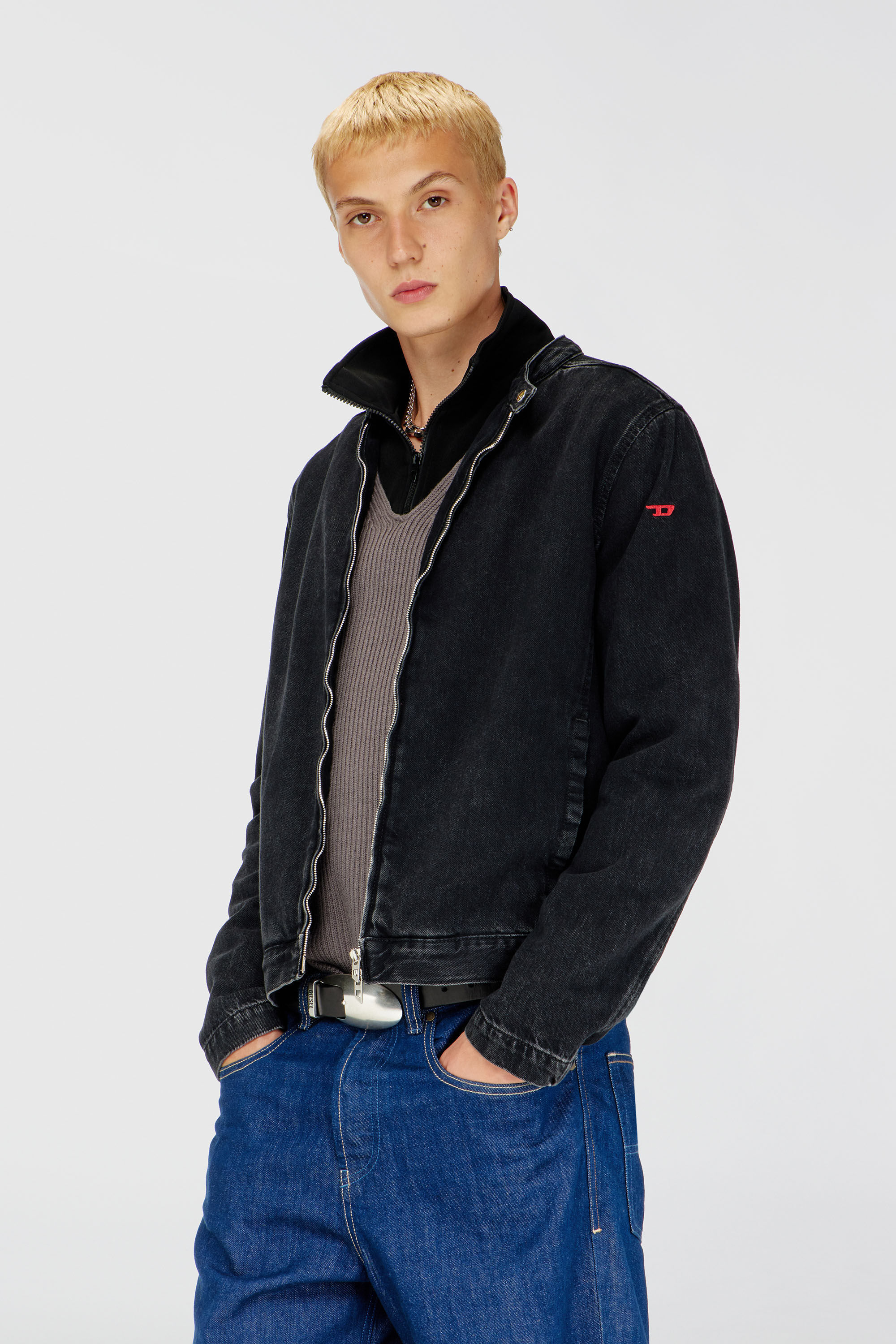 Diesel - D-GLORY, Man's Moto jacket in clean-wash denim in Black - 3