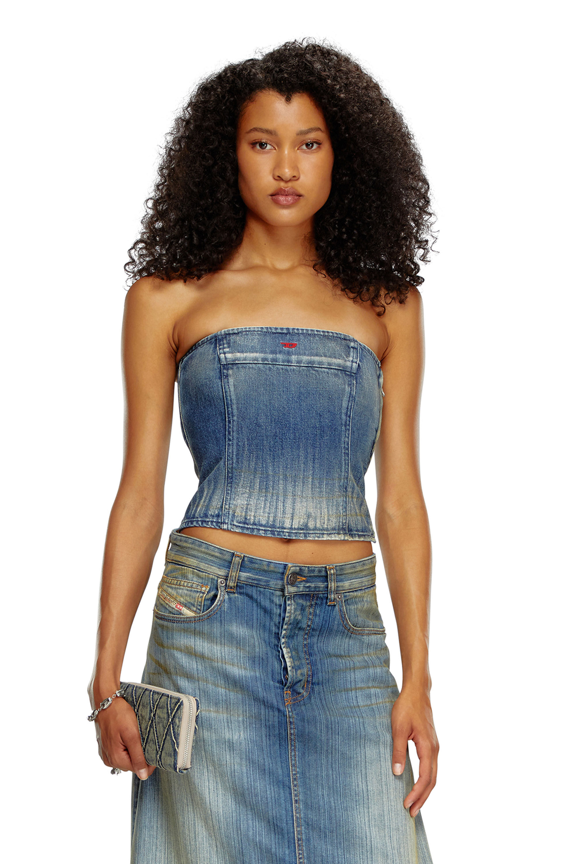 Diesel - DE-VILLE, Woman's Tube top in dirt-wash denim in Medium blue - 3