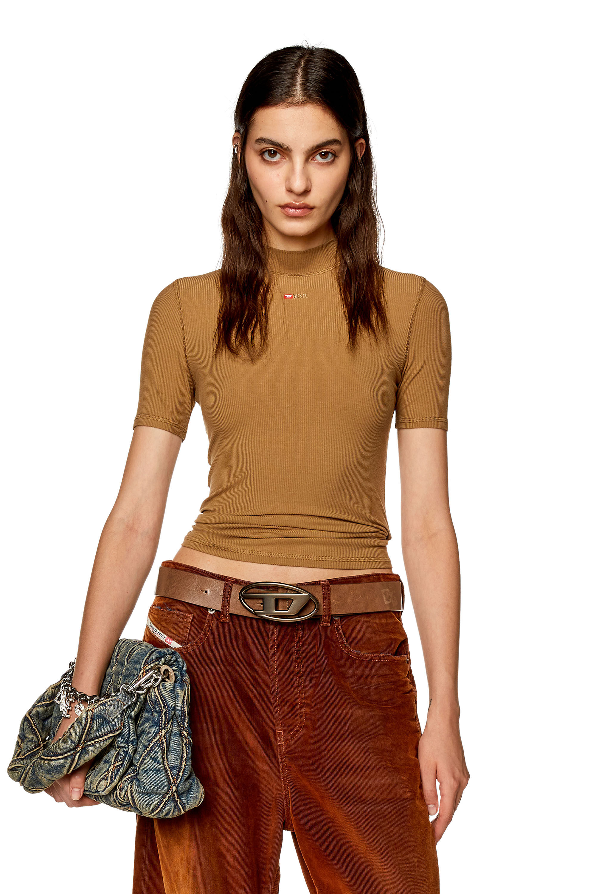 Diesel - T-MOKKY-MICRODIV, Woman's Ribbed T-shirt with mock neck in Brown - 3