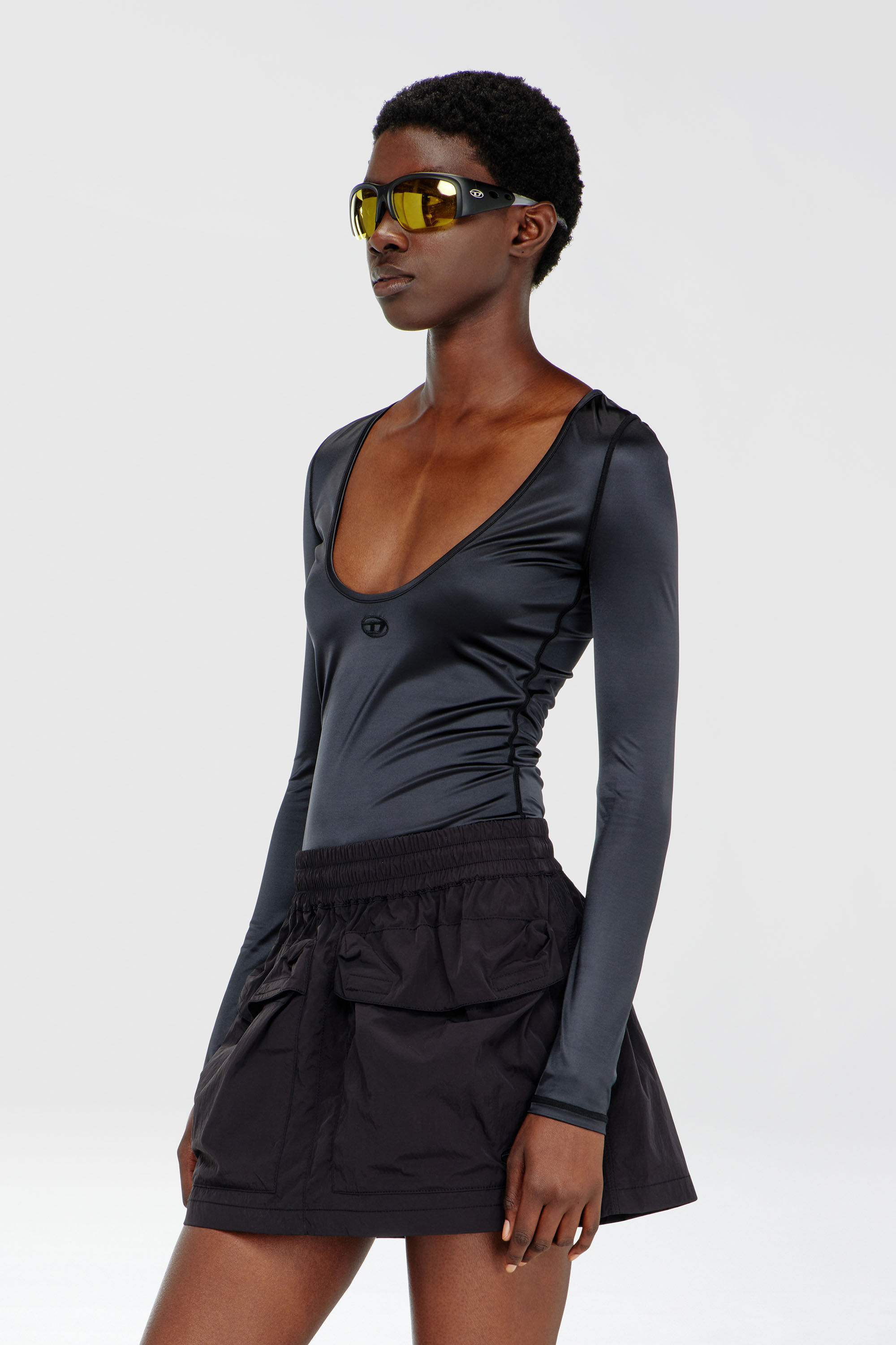 Diesel - T-ELPHIN-LS, Woman's Nylon slim top scoop neck with Logo Oval D embroidery in Black - 3