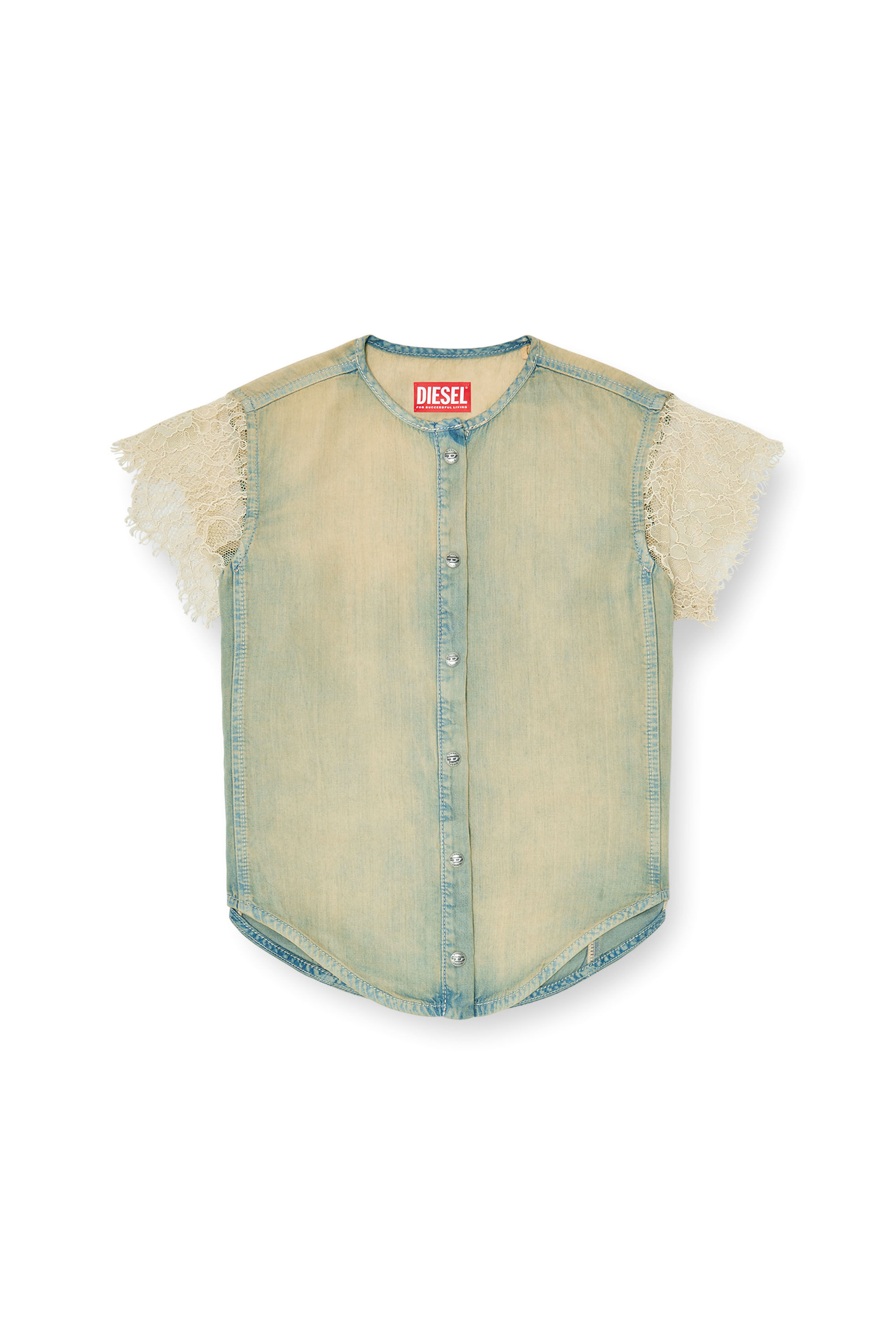 Diesel - DE-MALKA-S, Woman's Short-sleeve shirt in denim and lace in Light Blue - 2