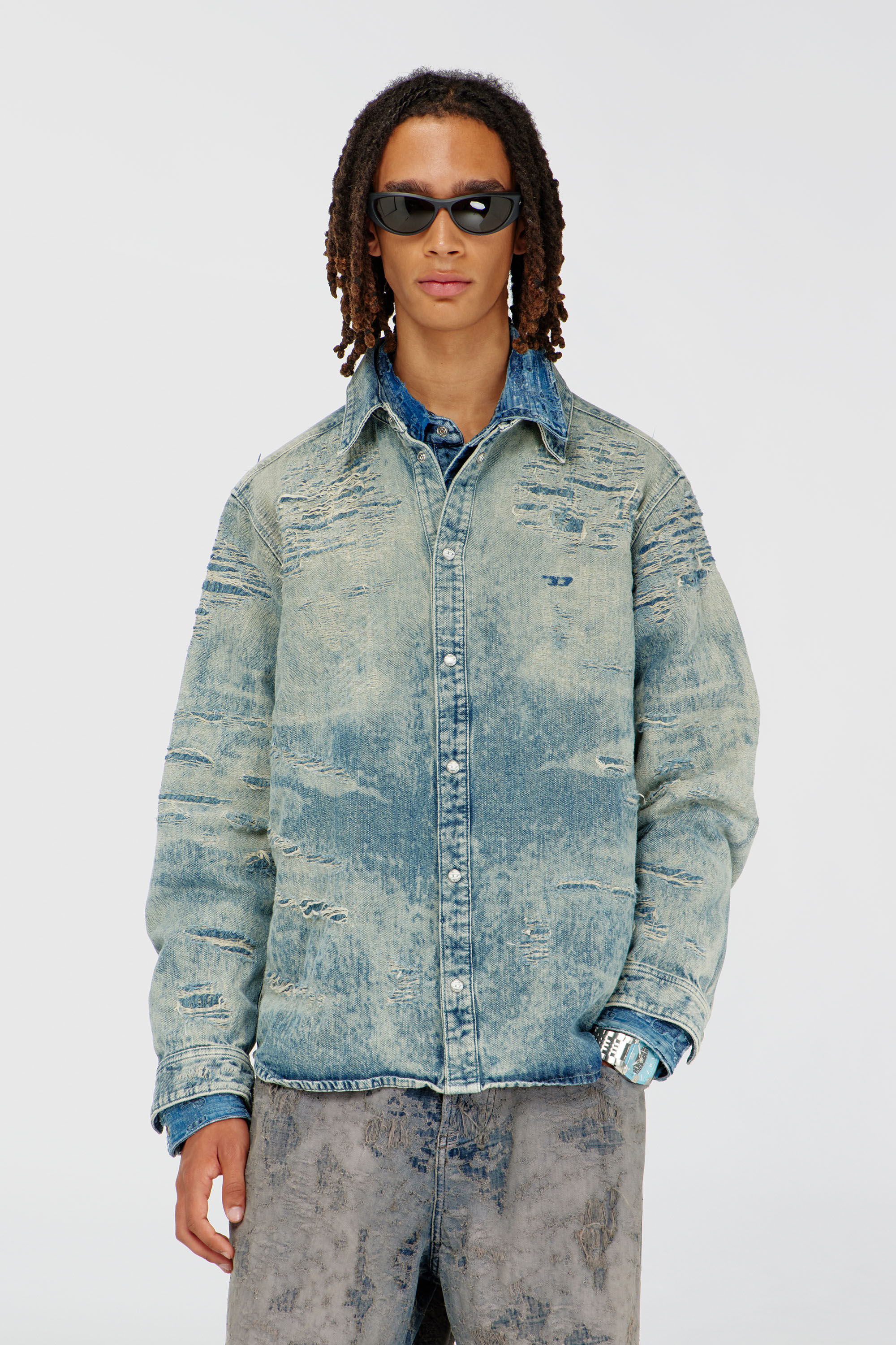 Diesel - D-SIMPLY, Man's Shirt in distressed-effect jacquard denim in Light Blue - 3