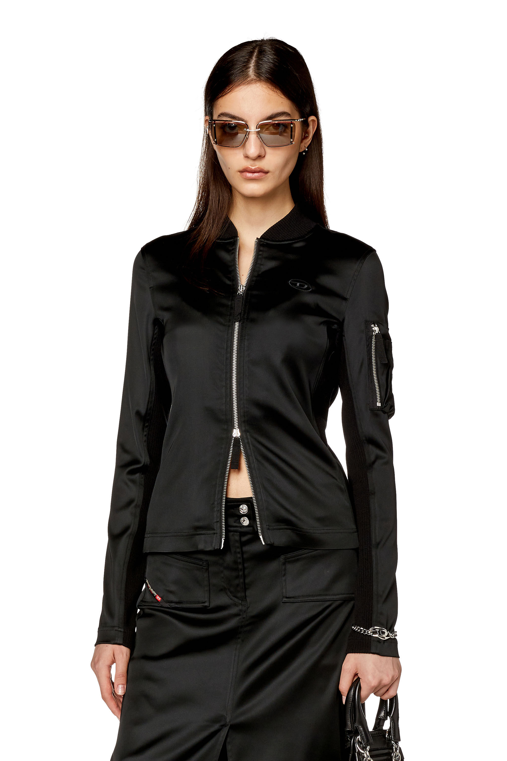 Diesel - T-OPUN, Woman's Track jacket in shiny stretch satin in Black - 3