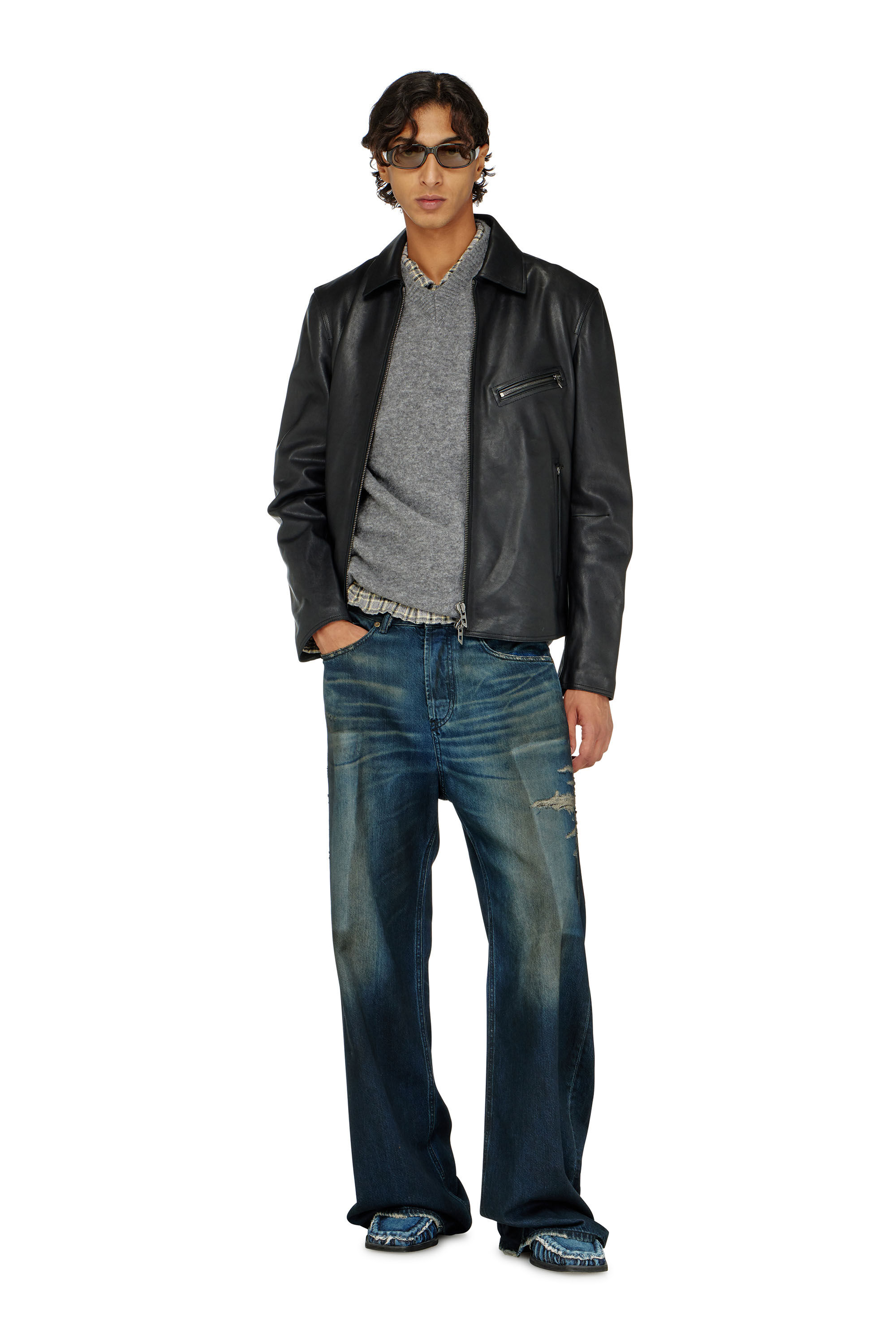 Diesel - L-KORN-A, Man's Leather jacket with embossed Oval D in Black - 1