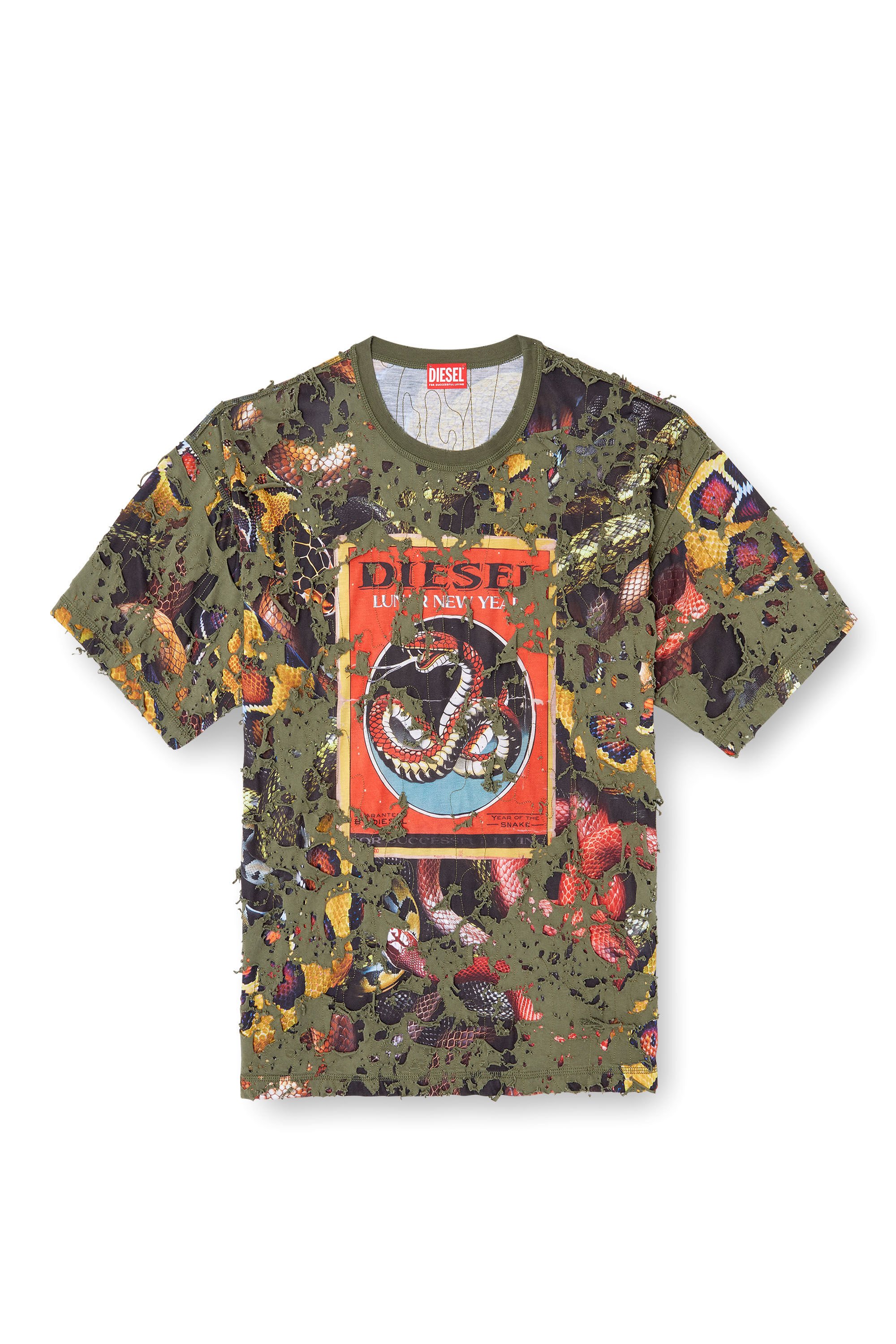 Diesel - CL-T-BOXT-DEVOR-SNAKE, Unisex's Snake-print T-shirt with destroyed overlay in Olive Green - 2