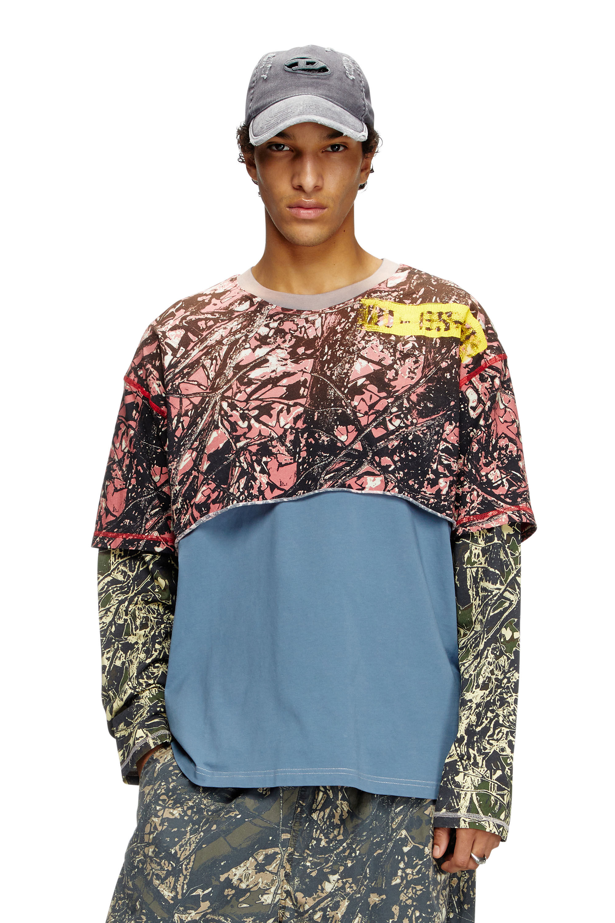 Diesel - T-BESH-CAMOU, Man's Layered T-shirt with camo motif in Blue/Pink - 3