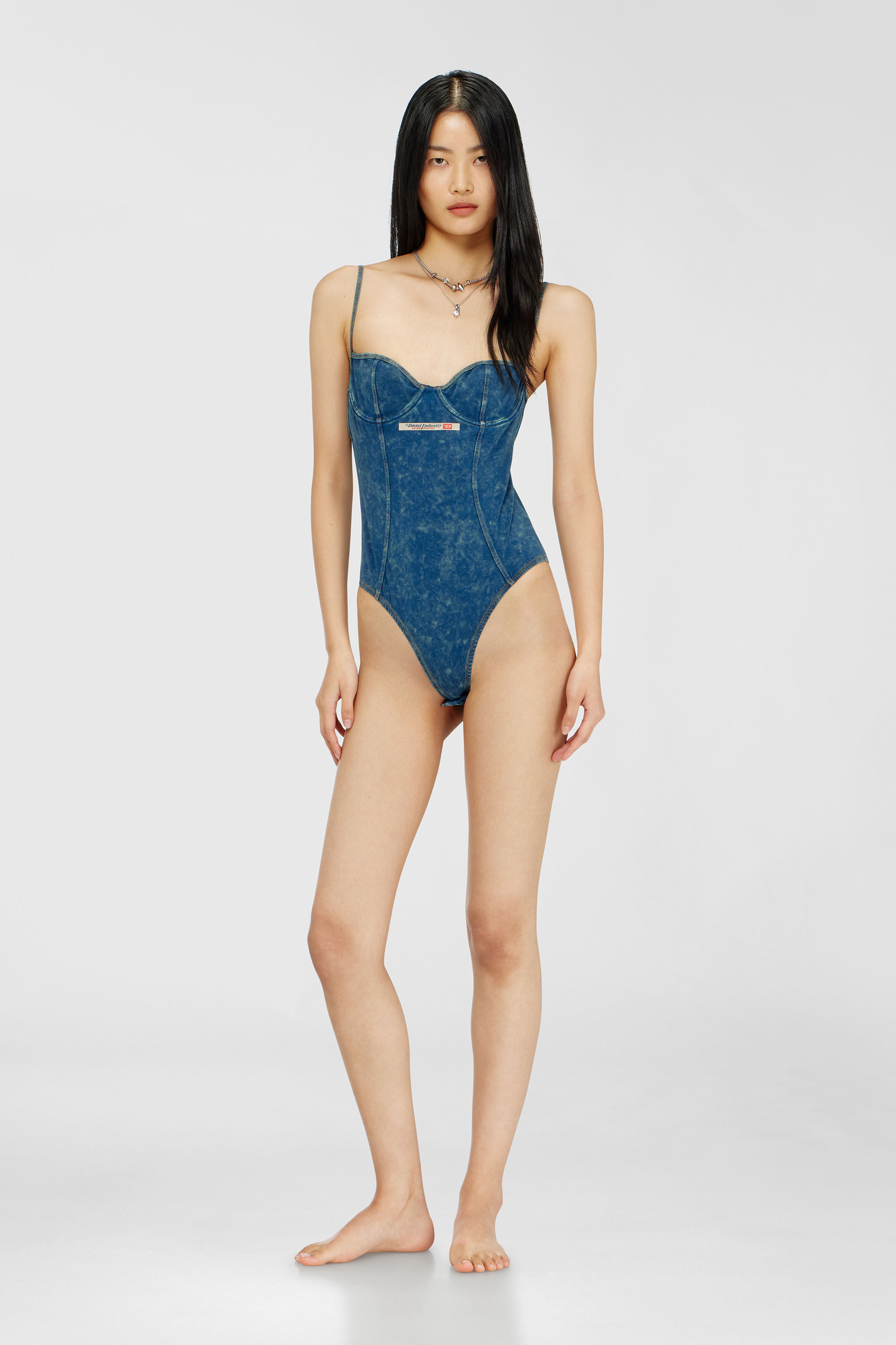 Diesel - TILDA-DNM, Woman's Denim-effect bodysuit with back cut-out in Blue - 1