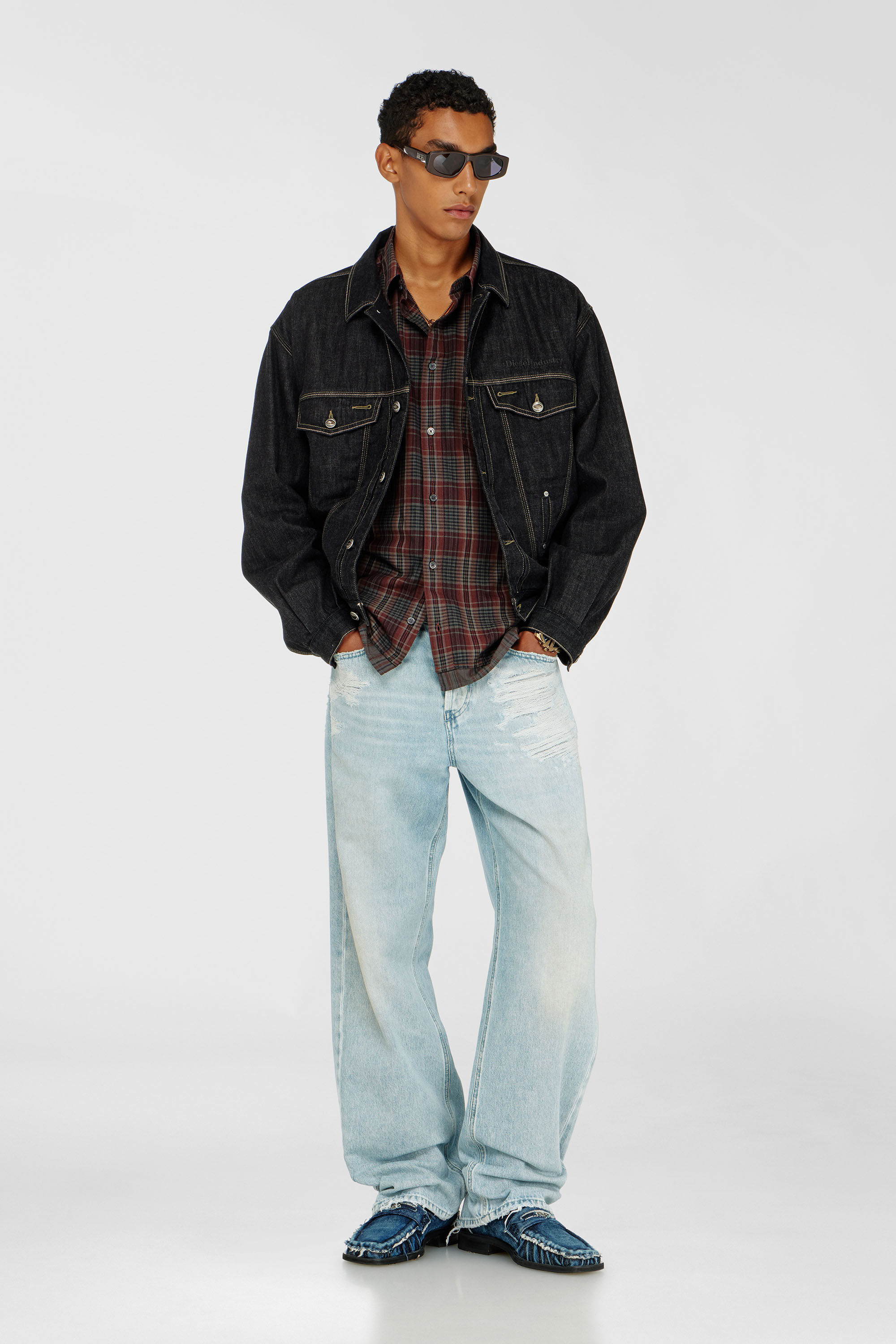 Diesel - S-TEN, Man's Shirt in metallic check flannel in Grey/Red - 1