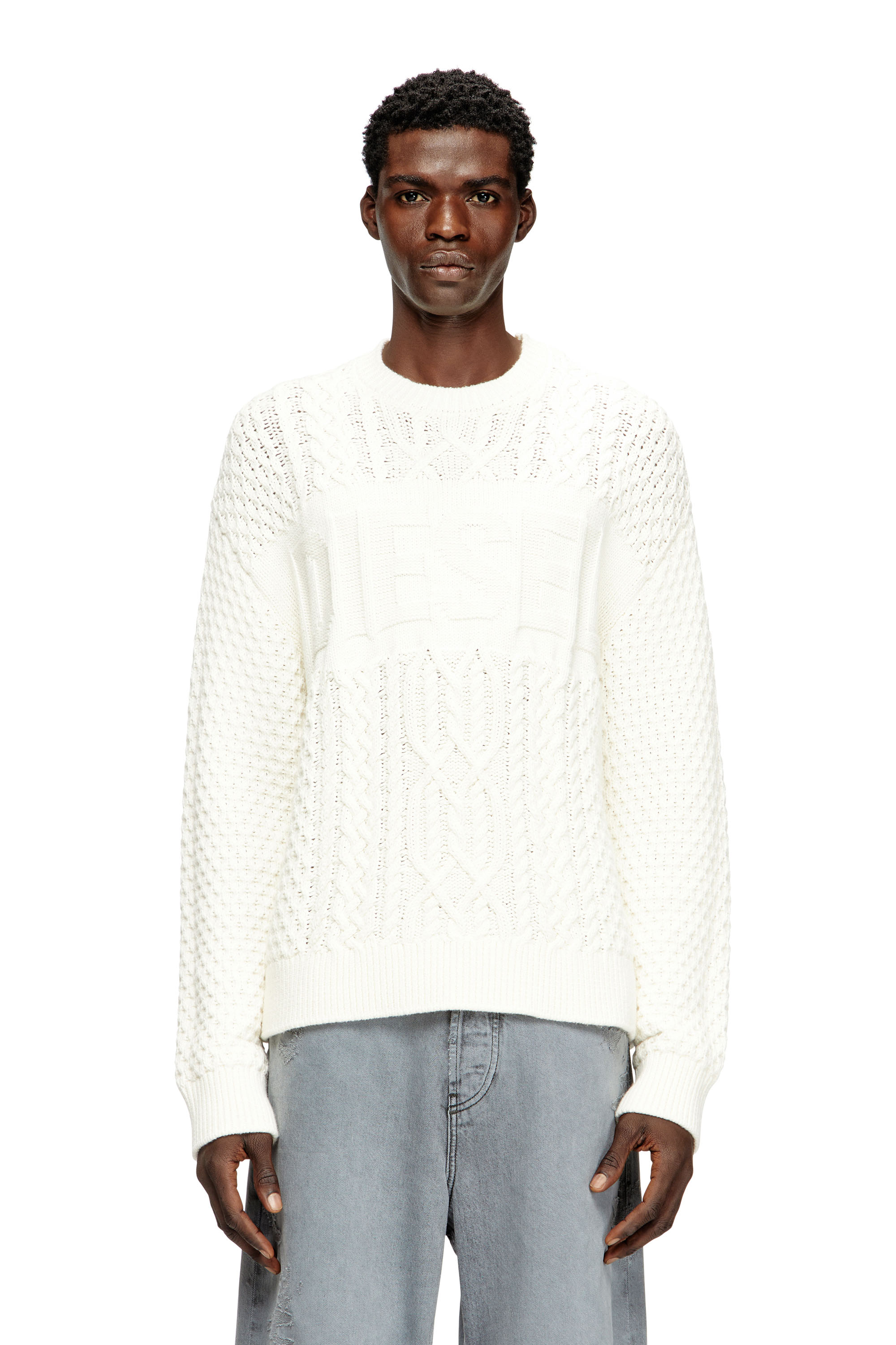 Diesel - K-AUBIN, Man's Cable-knit jumper with Diesel logo in White - 3
