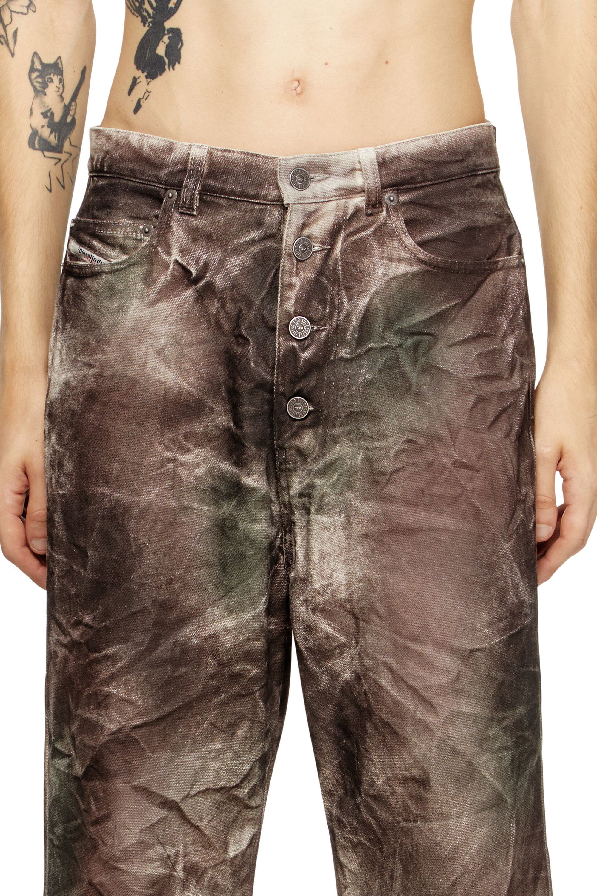 Diesel - P-THUG-PANT, Unisex's Pants in crinkled camo canvas in Brown/Green - 5