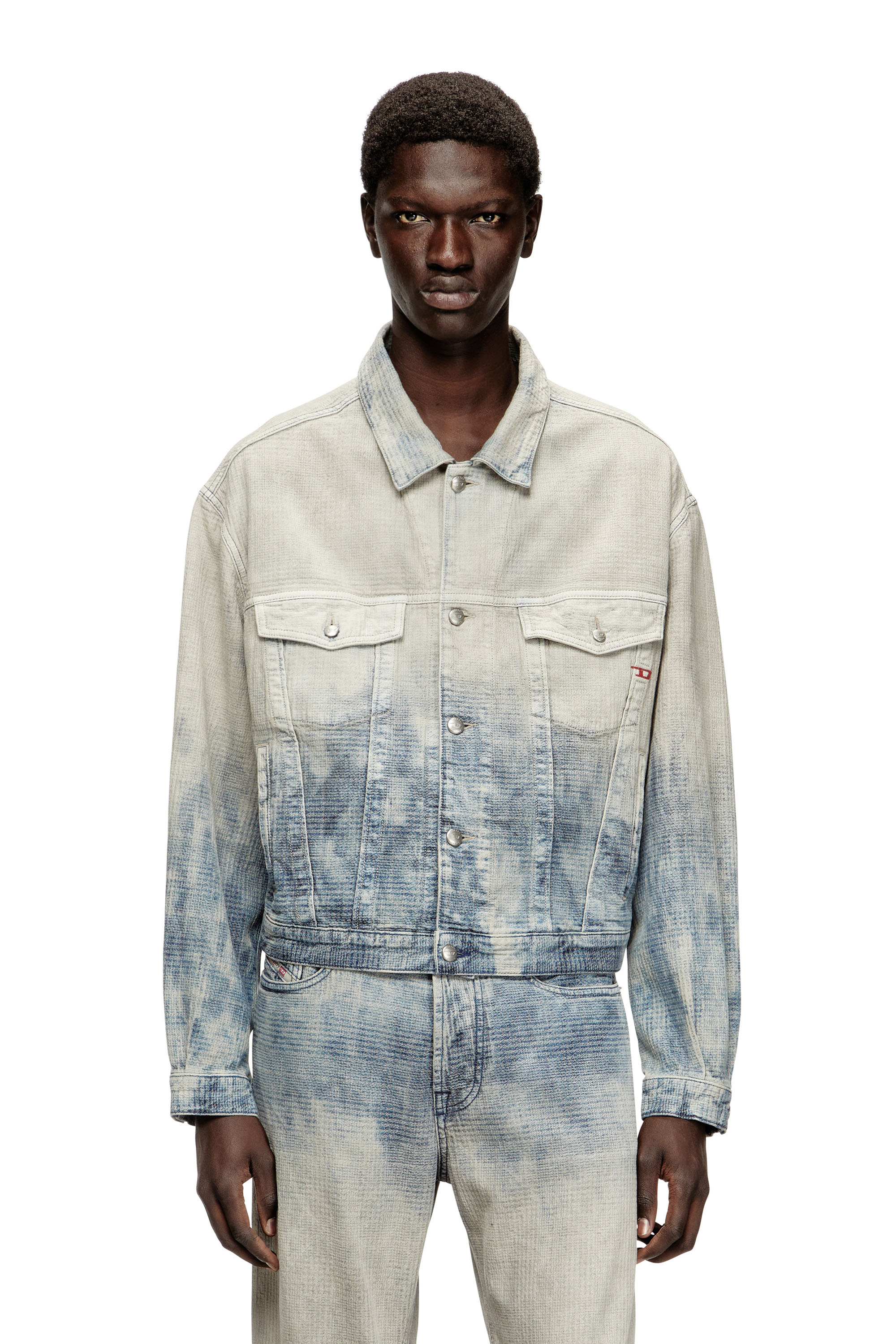 Diesel - D-RANGER, Unisex's Trucker jacket in Prince of Wales jacquard denim in Grey/Blue - 3