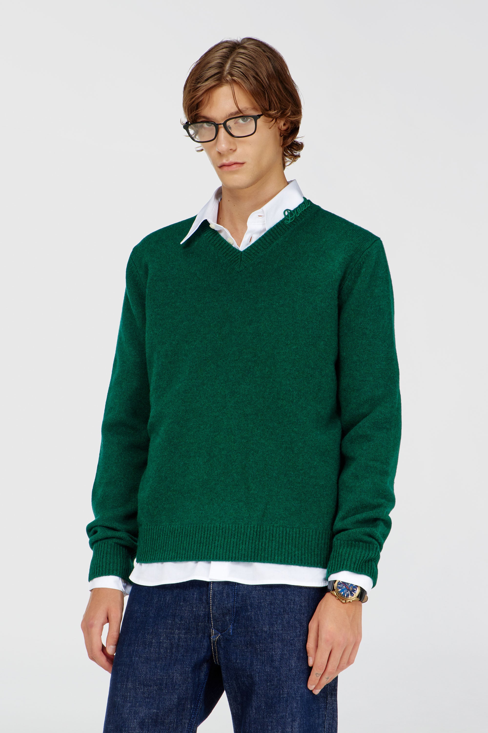 Diesel - K-IMER, Man's Wool V-neck jumper with neck logo in Green - 1