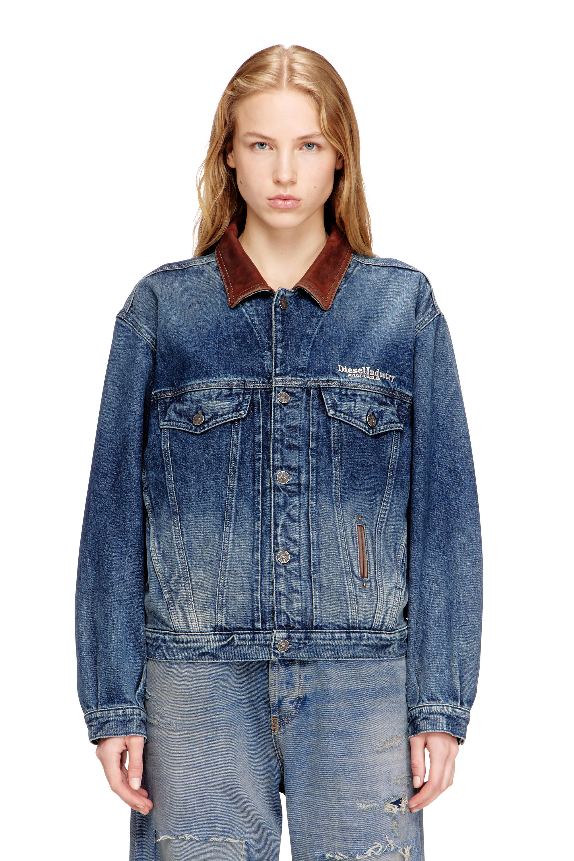 Diesel - D-DENVER-S1, Unisex's Denim trucker jacket with contrast leather trims in Blue - 2