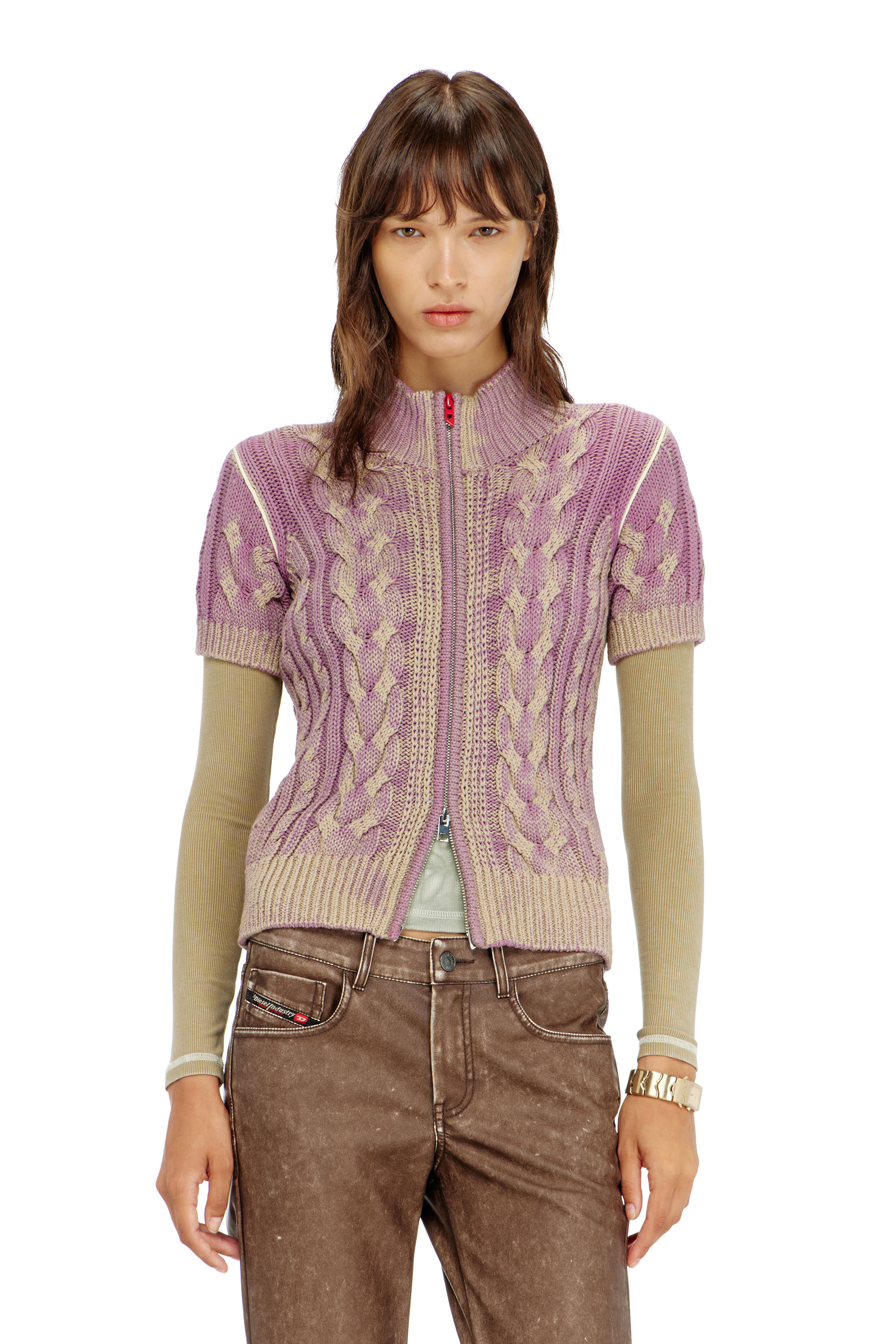 Diesel - M-ELANA, Woman's Short-sleeve zip cardigan in cable knit in Beige/Violet - 1
