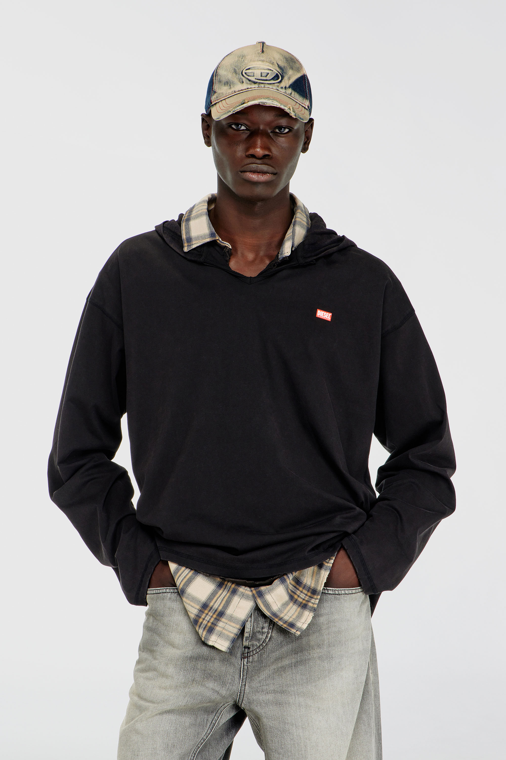 Diesel - T-BOXT-LS-HOOD-CHECK, Man's Long-sleeve T-shirt with flannel hood in Black - 2