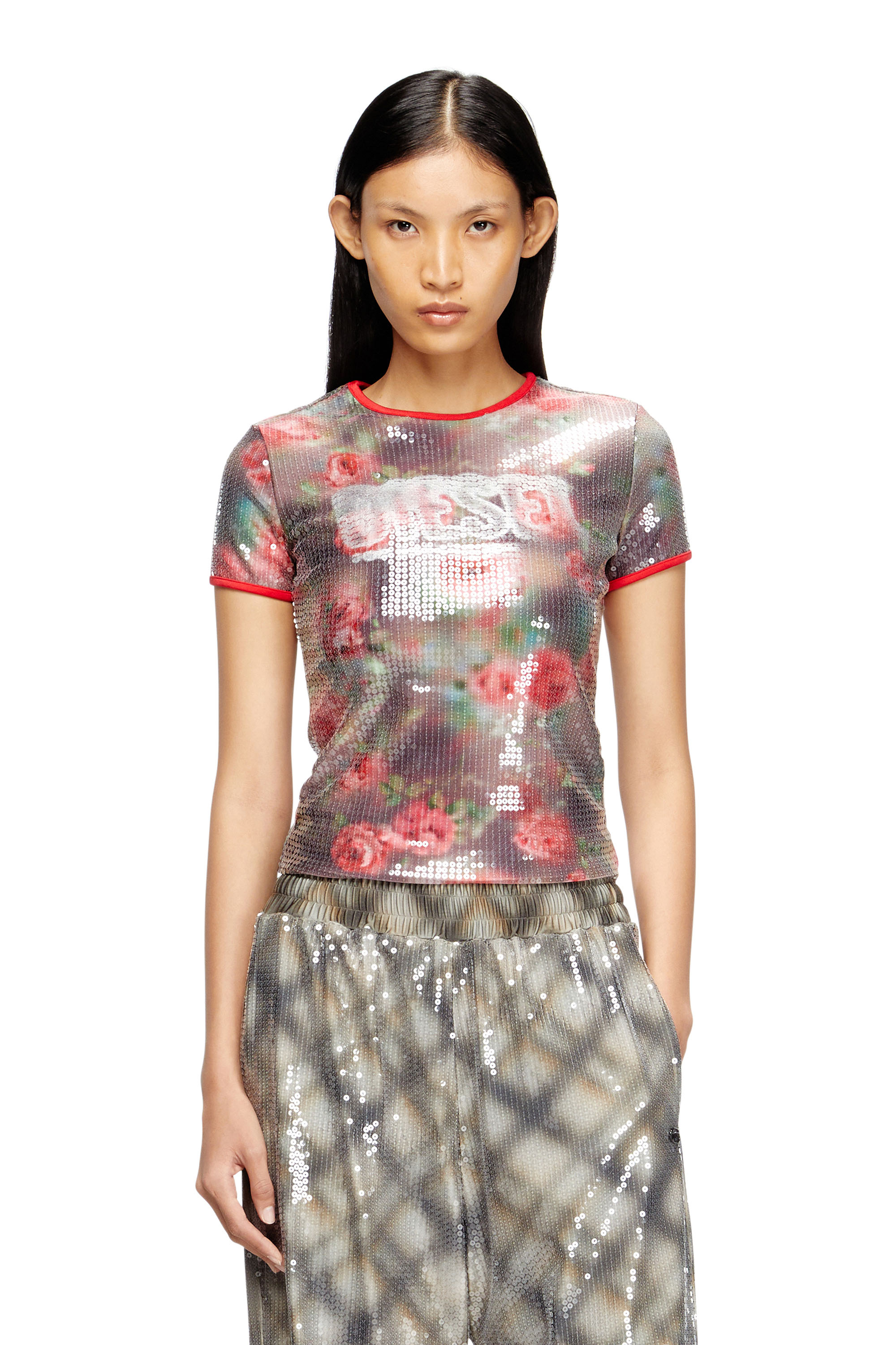 Diesel - T-UNKYEL, Woman's Skinny floral print jersey top with sequins in Brown/Green - 3