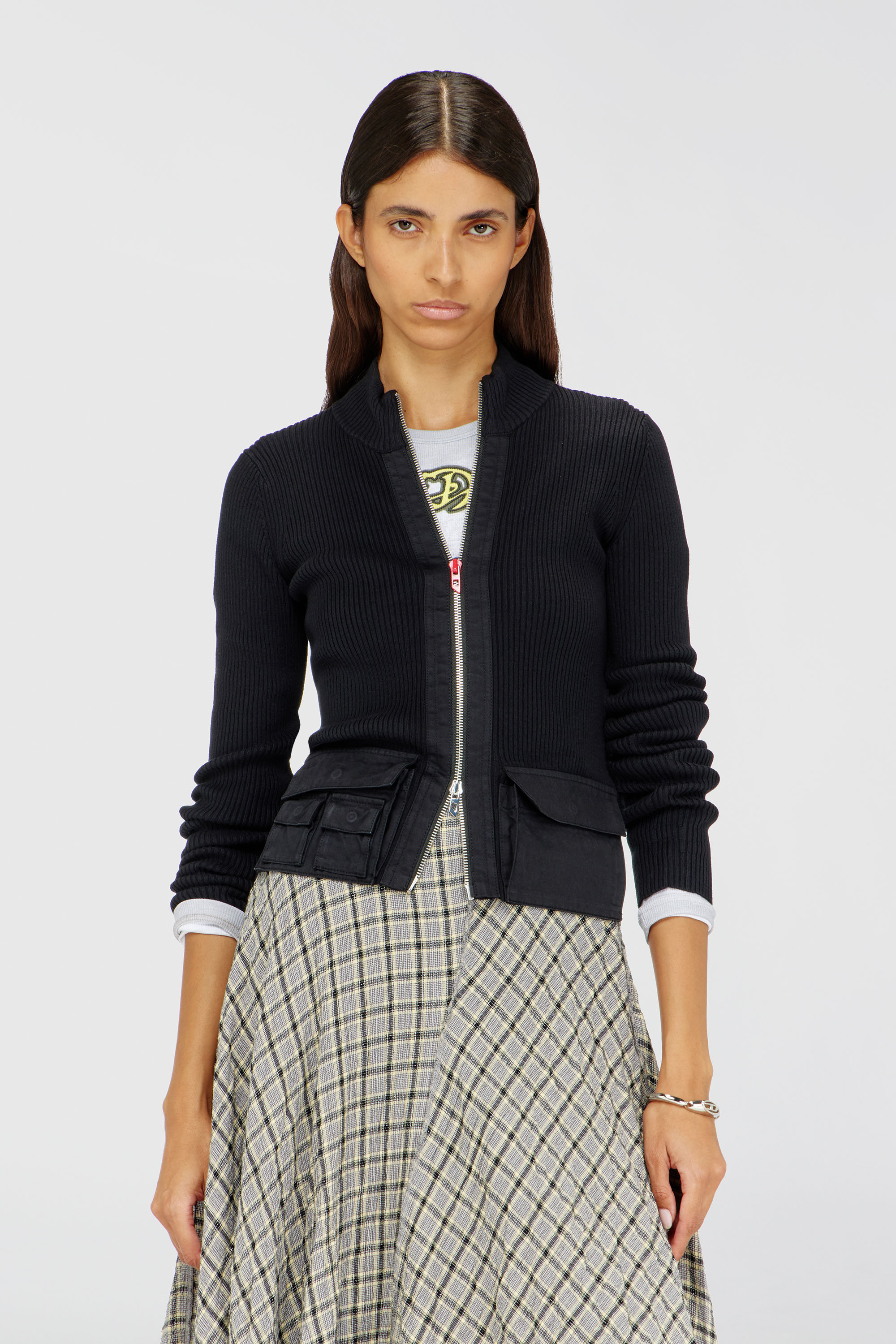 Diesel - M-MELISSA, Woman's Ribbed cardigan with cargo pockets in Black - 3