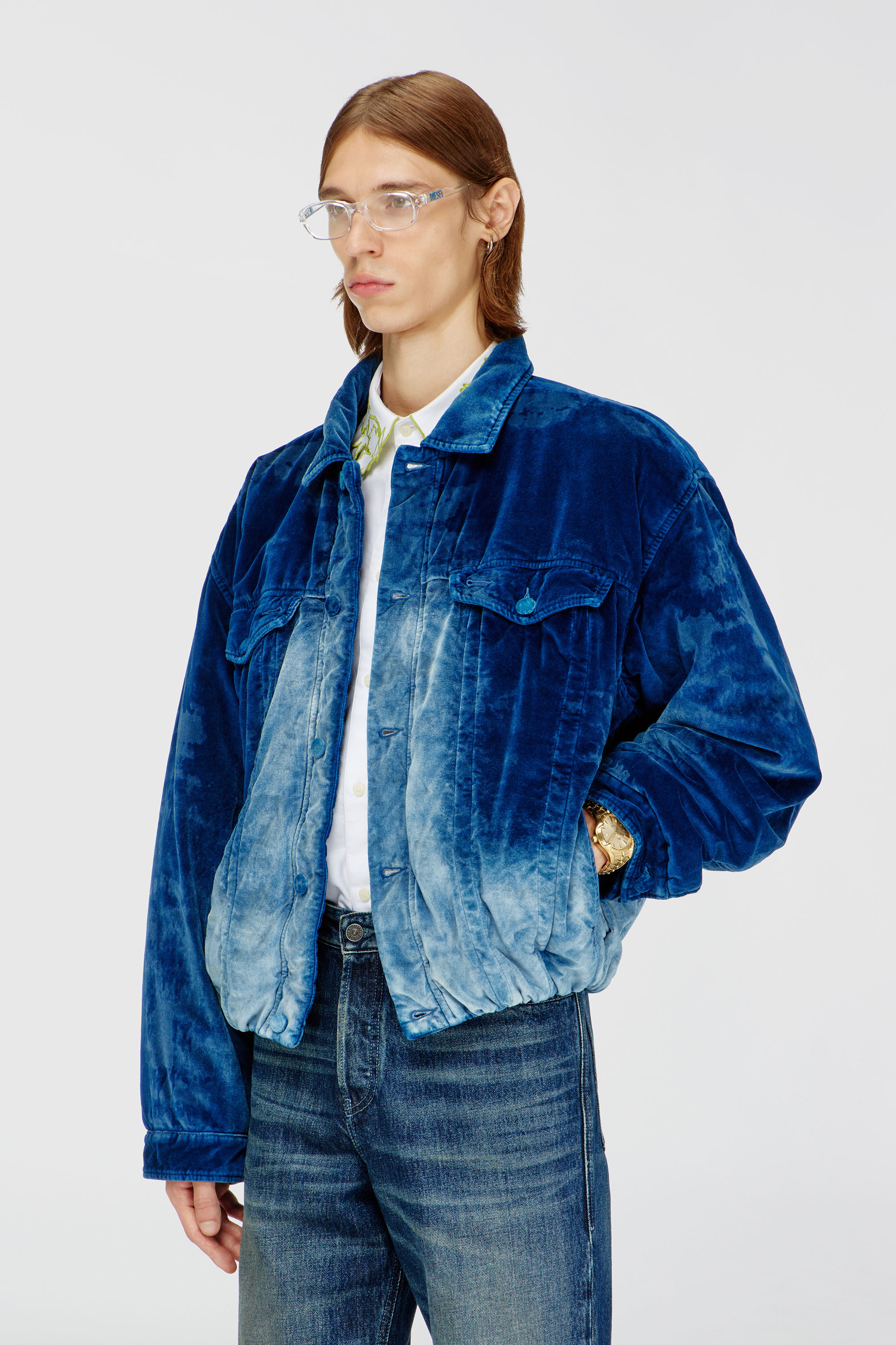 Diesel - D-MORVI-FSJ, Man's Elasticated trucker jacket in velvet denim in Dark Blue - 2