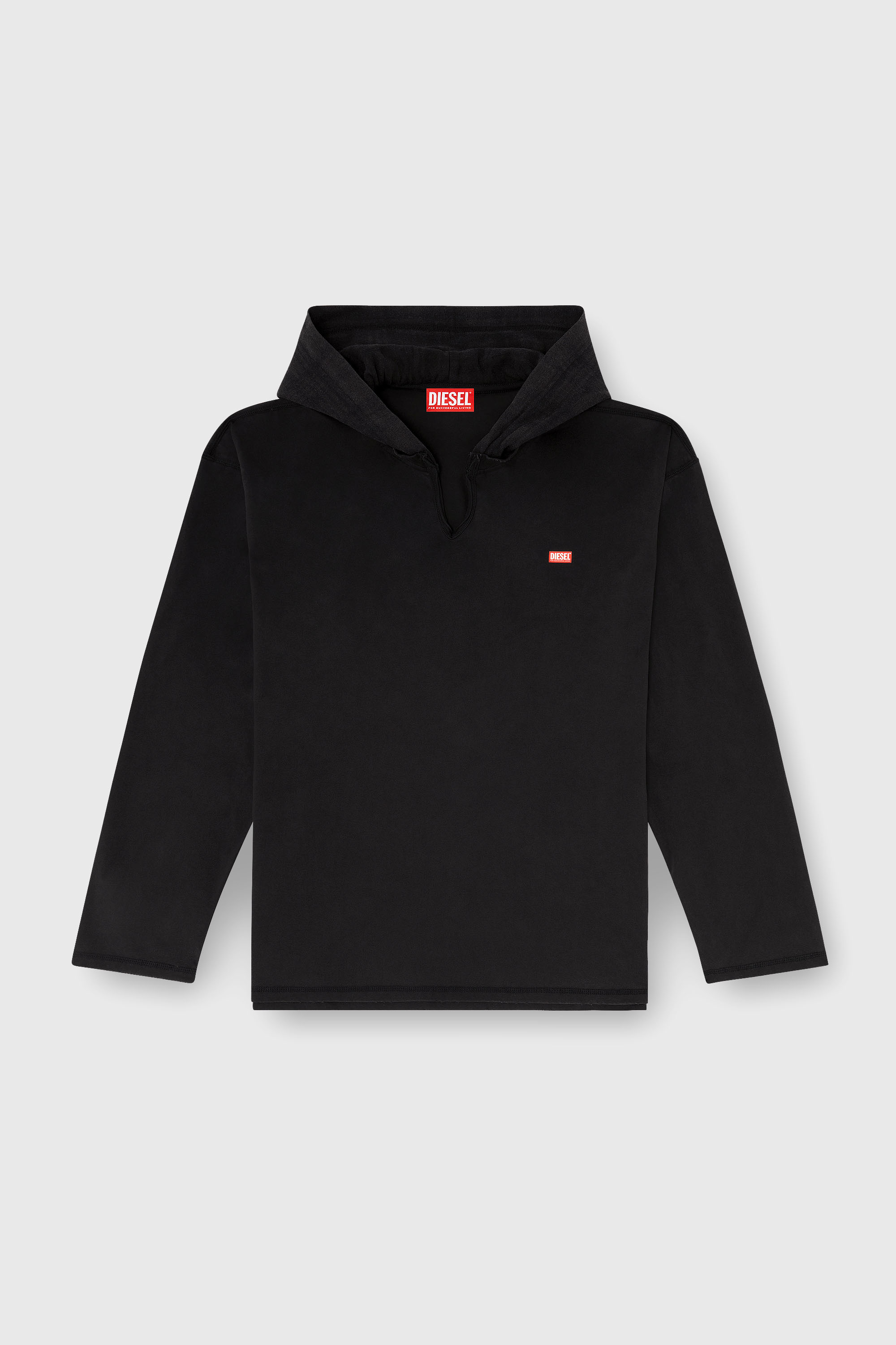 Diesel - T-BOXT-LS-HOOD-CHECK, Man's Long-sleeve T-shirt with flannel hood in Black - 1