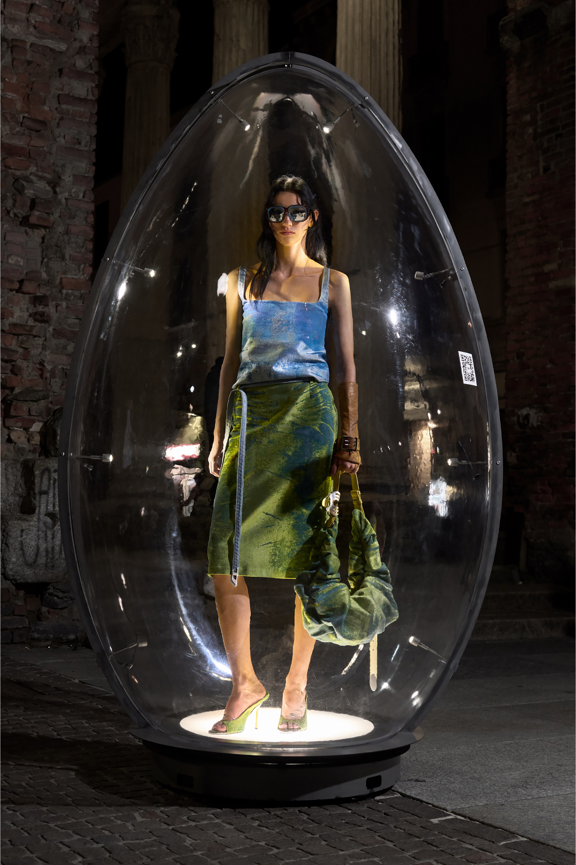 Diesel - DE-SANAT-FSI, Woman's Open-back apron dress in coloured satin denim in Blue/Green - 6