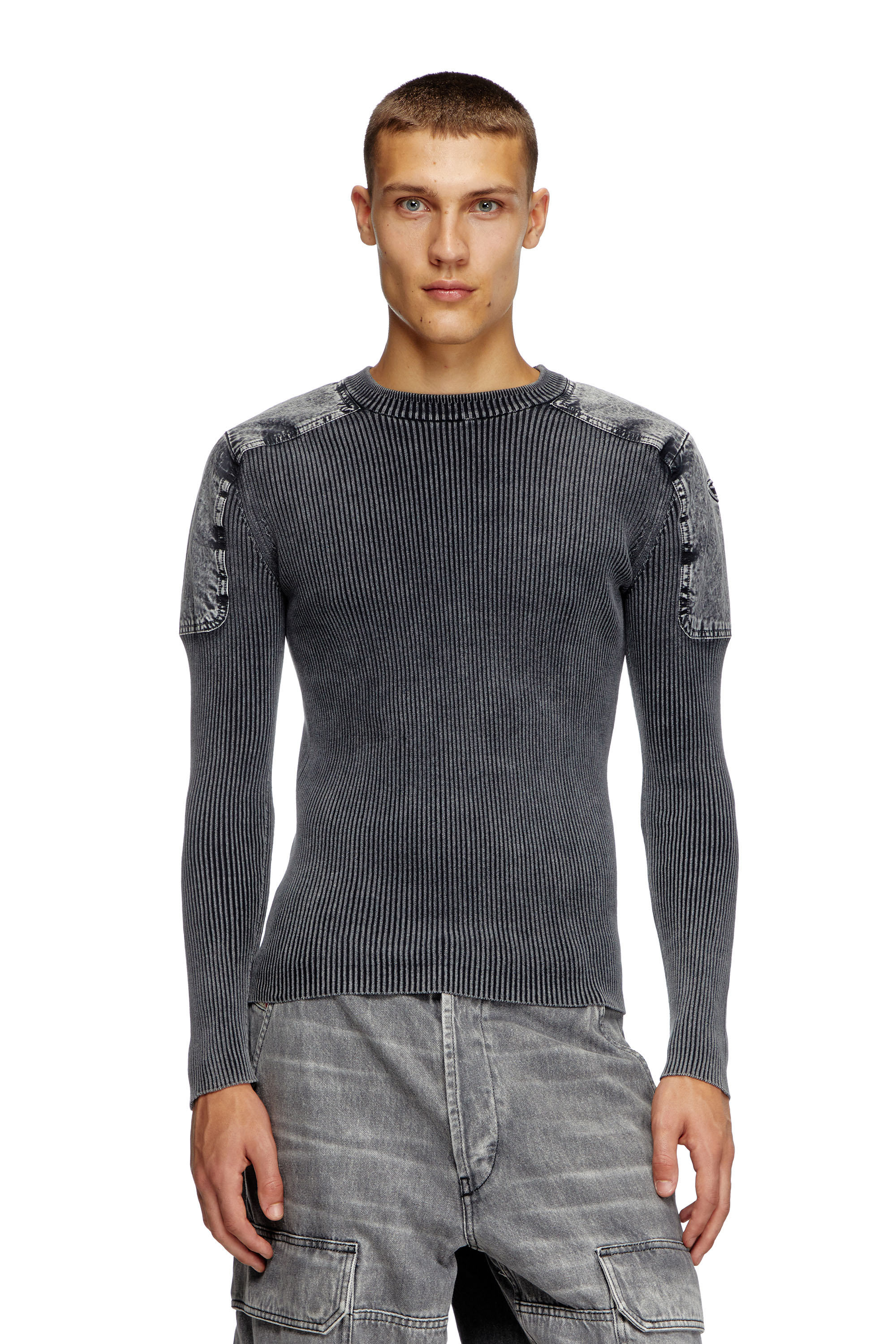 Diesel - K-MARTIN, Man's Jumper with contrast shoulder panels in Dark grey - 3
