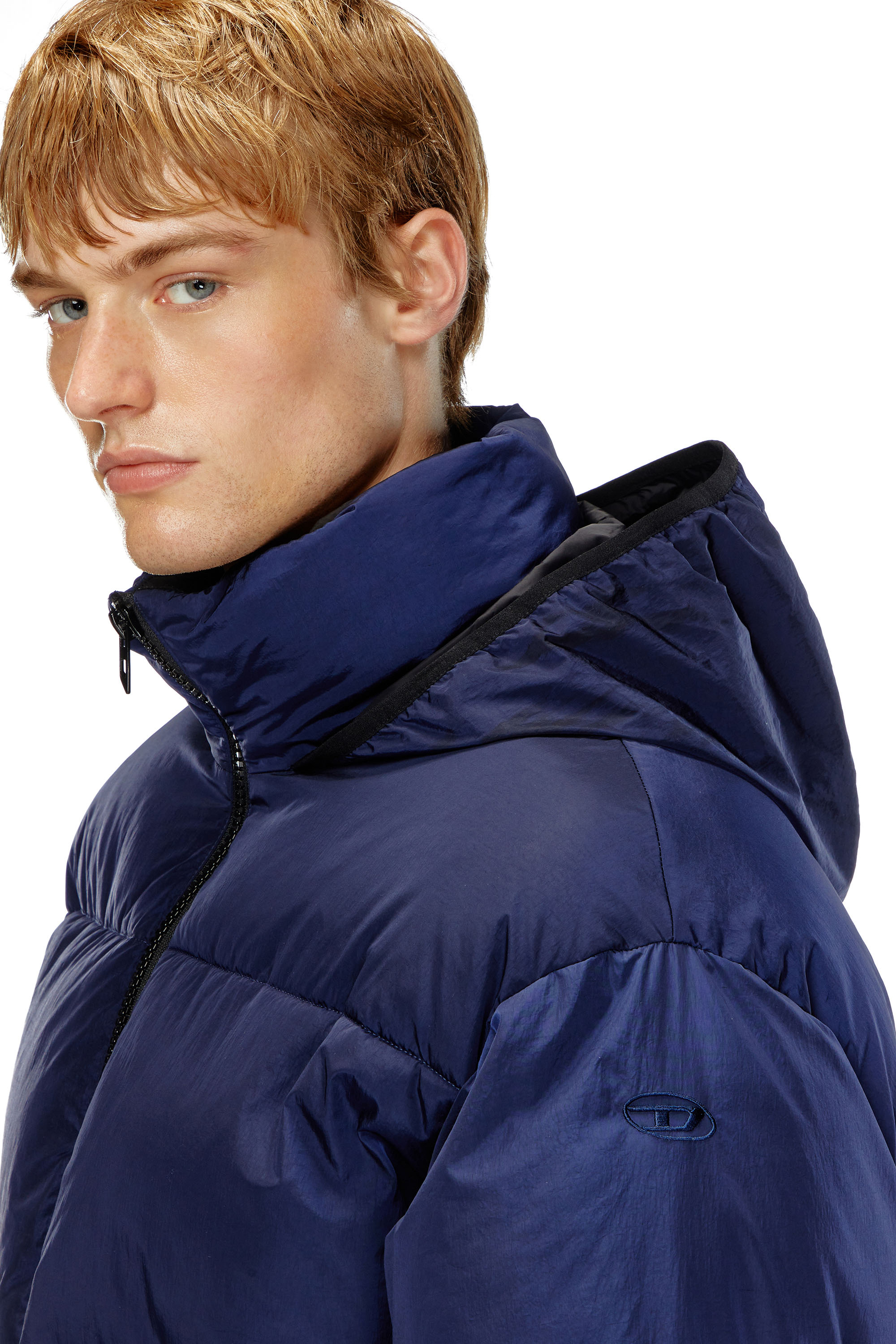 Diesel - W-RAVEEL, Man's Hooded down jacket in wrinkled nylon in Dark Blue - 5