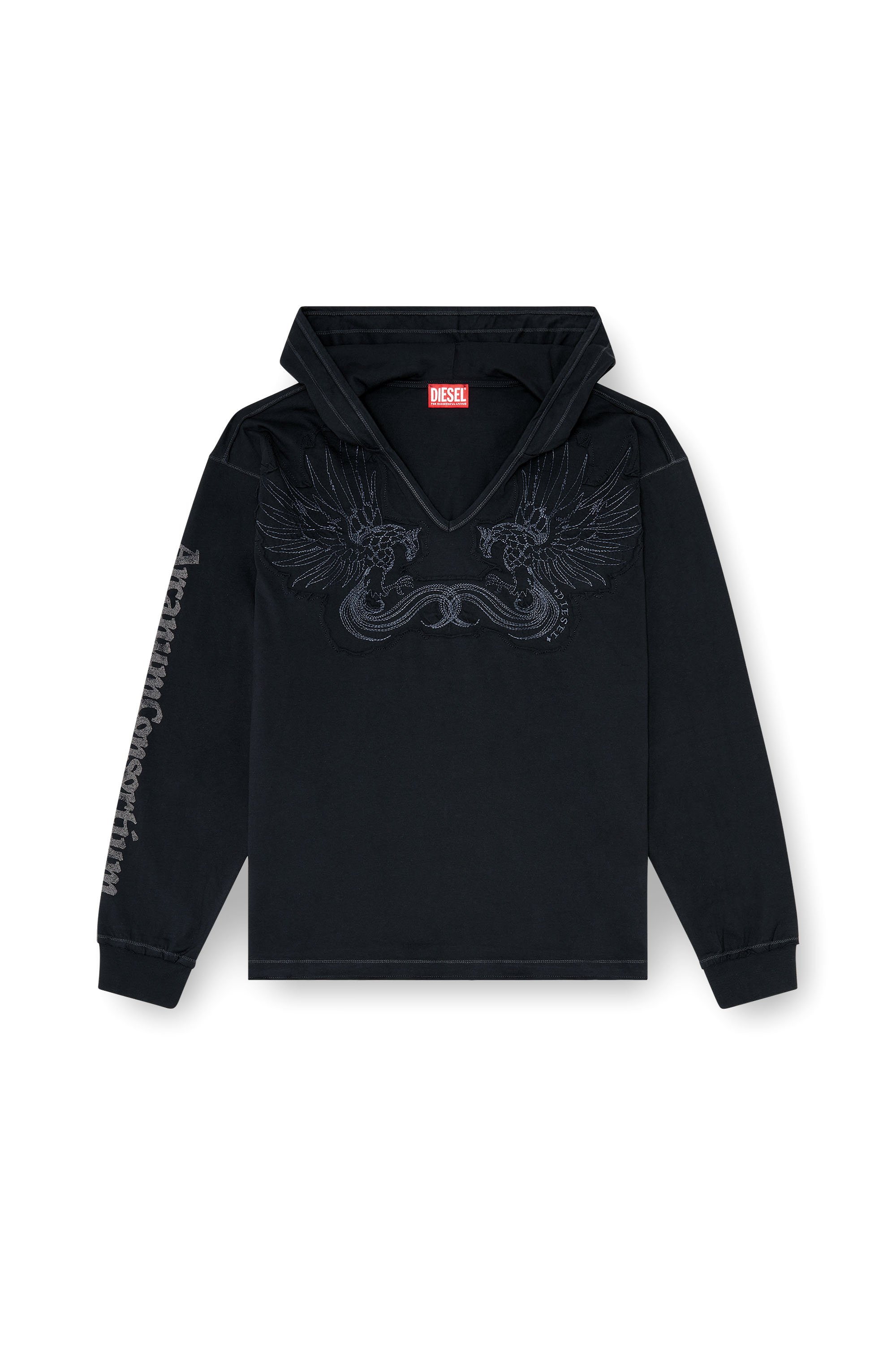 Diesel - T-PHEN-LS-HOOD-RIB, Man's Hoodie with V-neck and embroidered front in Black - 3