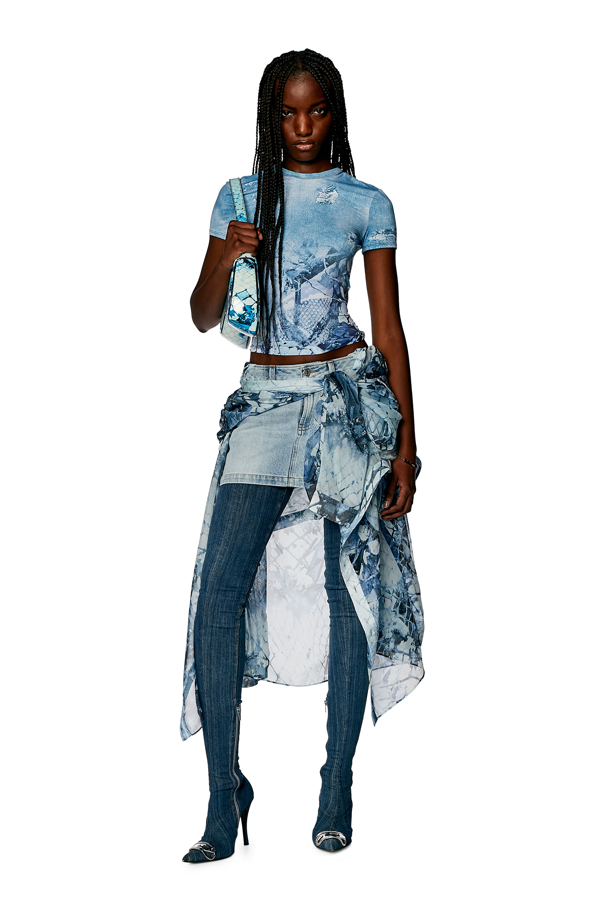 Diesel - T-UNCSKI, Woman's Cropped T-shirt with abstract print in Light Blue - 1