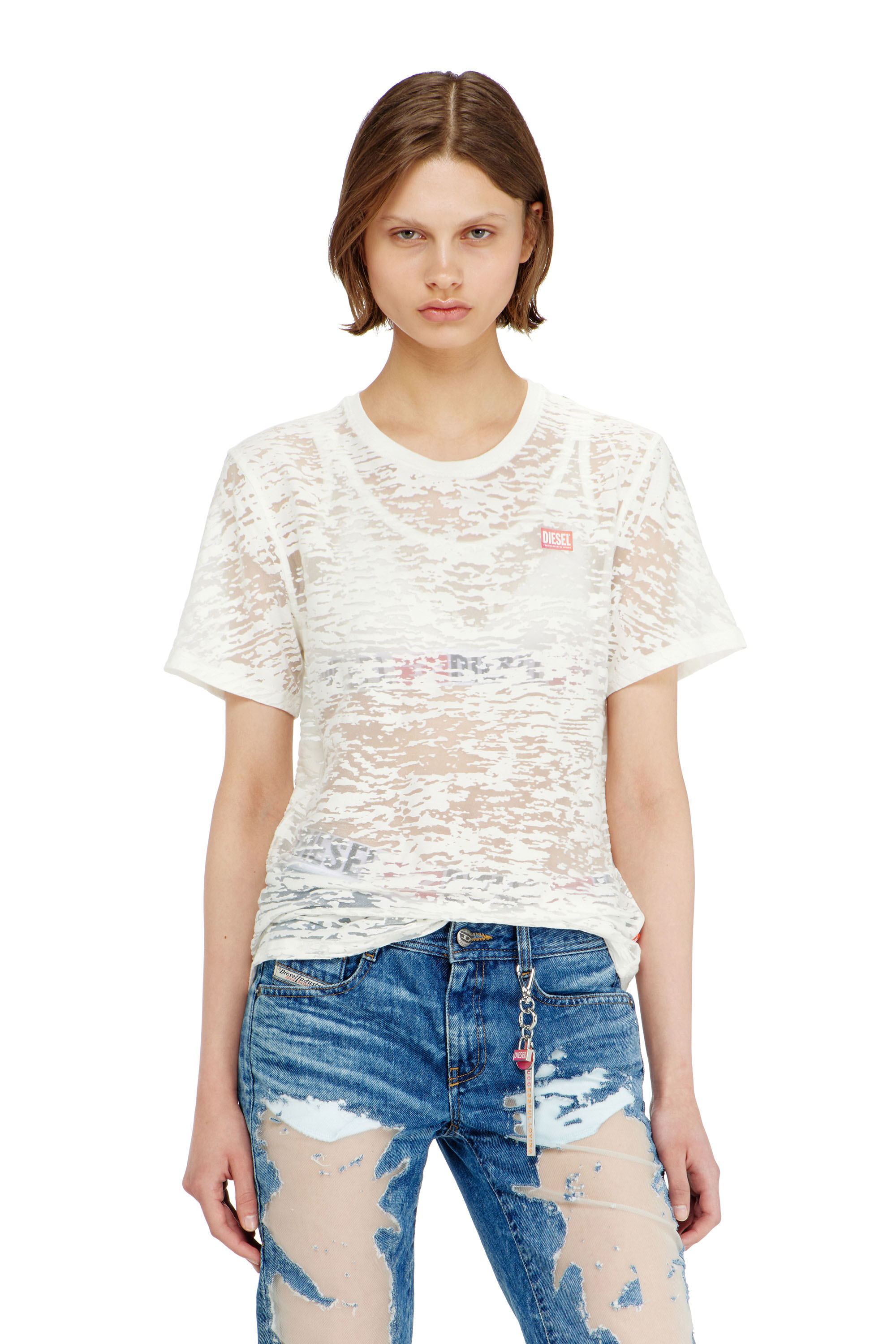 Diesel - PR-T-NOTS-MATI-R, Unisex's T-shirt in all-over devor&eacute; jersey in White - 1